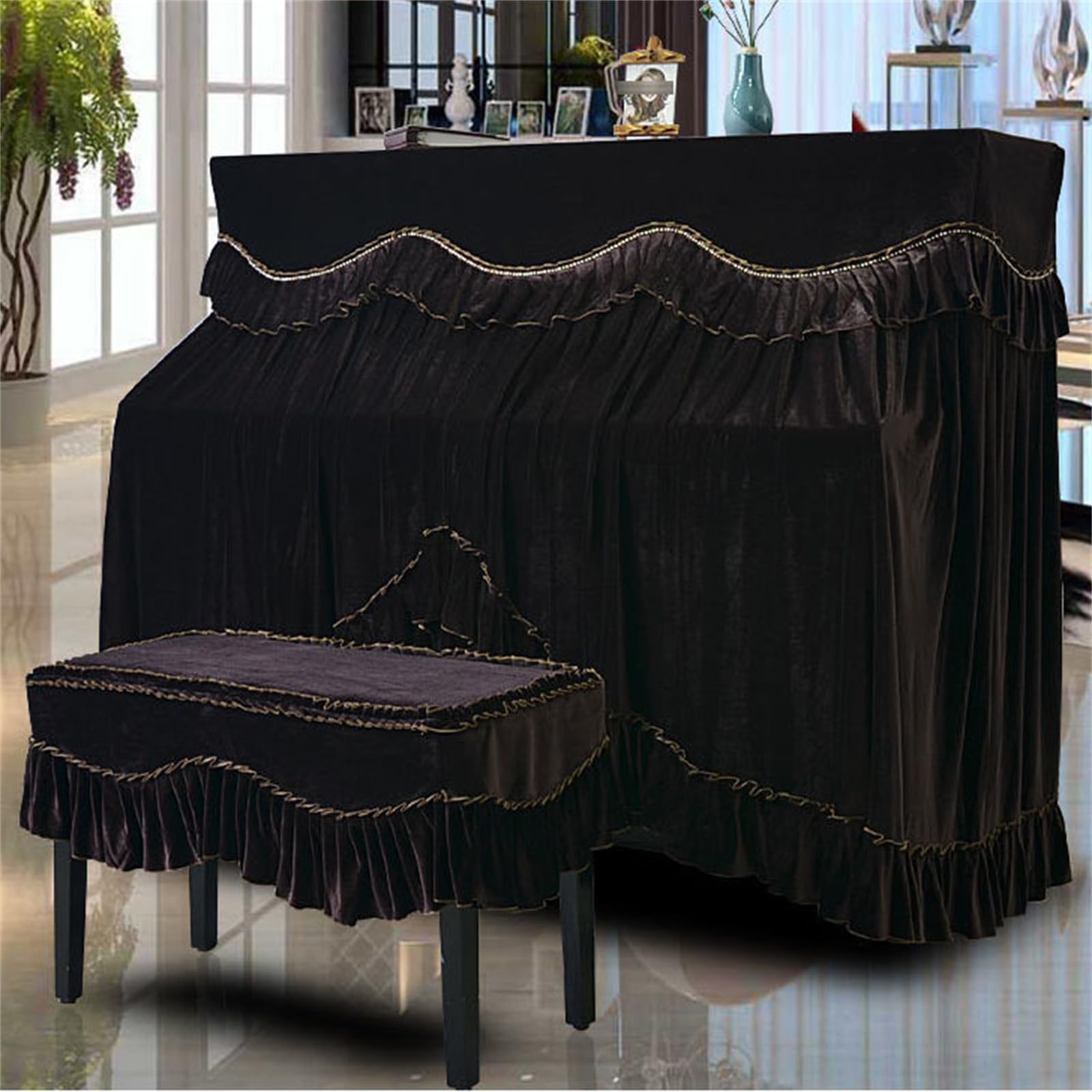 Copertura Antipolvere Completa per Pianoforte Verticale, Copertura per Pianoforte in Velluto, Copertura per Sgabello, Copertura Universale in Velluto Spesso per Pianoforte, Copertura in Tess