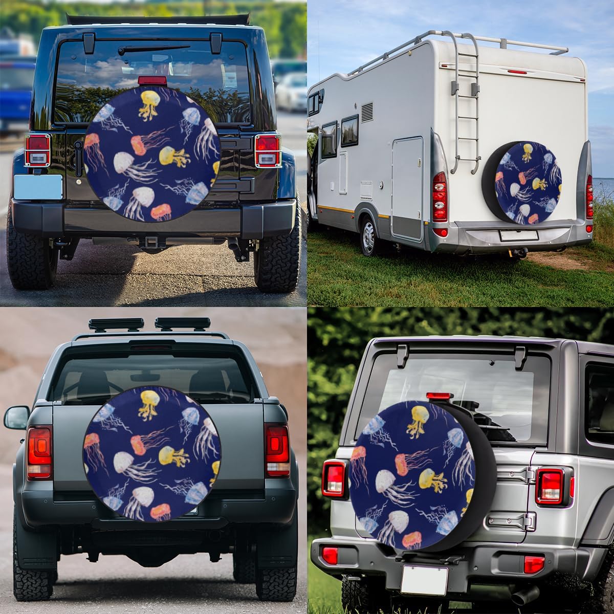 Colored Jellyfish Tire Covers Portable Spare Tire Cover Soft Durable Waterproof Dustproof 3 Sizes 14 15 16 Inches for Car Truck SUV Trailer Camper