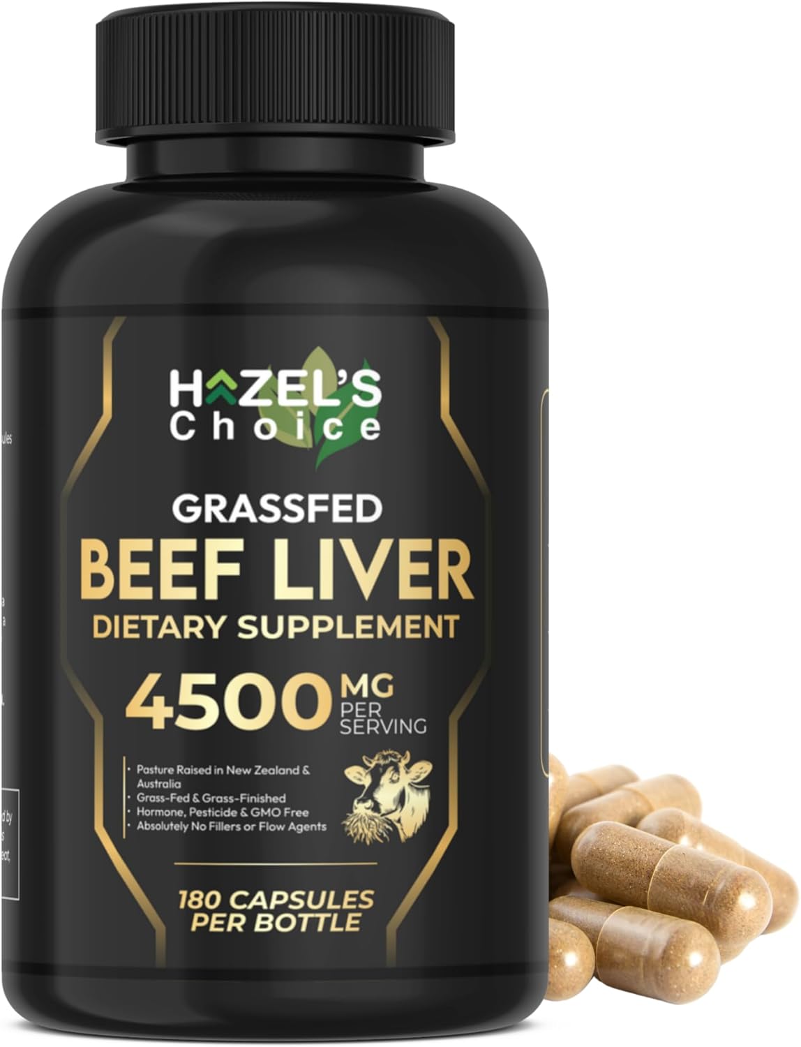 HAZEL'S Choice Grassfed Beef Liver Supplement 4500mg, 180 Capsules, Unflavored, Organ Support Supplement & Nutrient-Rich, 30 Servings