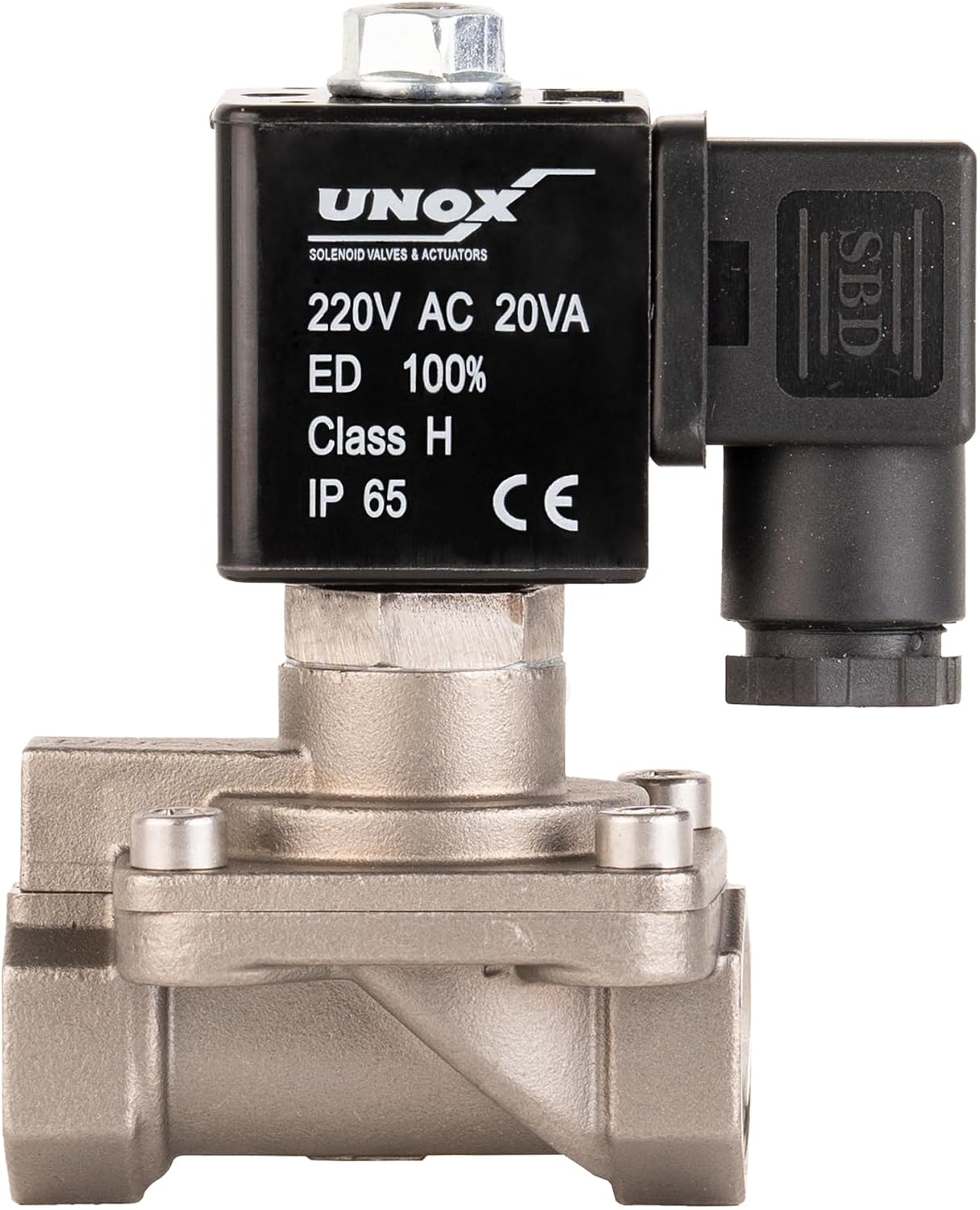 UNOX 1/2" NPT Stainless Steel Solenoid Valve 220V AC, Temperature Range 14°F/194°F AISI316 Electric Solenoid Valve Normally Closed - Threaded Industrial Flow Controller