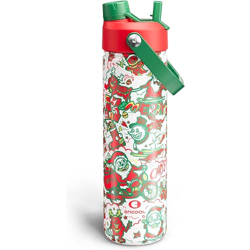 ENCOOL Christmas Insulated Water Bottle with Straw, Stainless Steel Water Bottle, Leak Proof BPA-Free, Keeps Cold for 24 Hours for Sports, Christmas Holiday Gifts for Women, 26 oz, Santa Rider