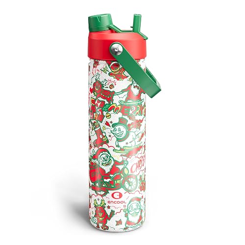 ENCOOL Christmas Insulated Water Bottle with Straw, Stainless Steel Water