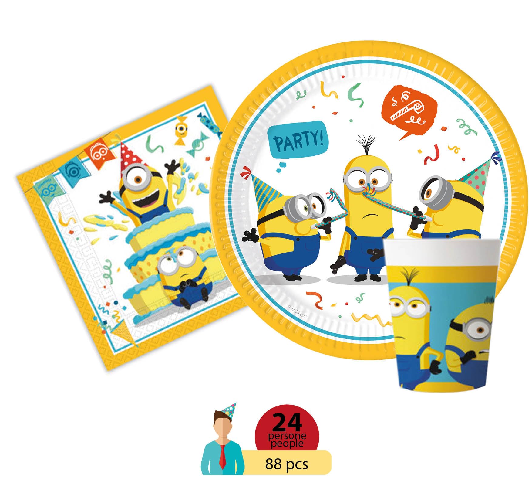 Kit Party Tavola Minions The Rise of Gru per 24 persone (88 pezzi: 24 piatti Ø23cm, 24 bicchieri 200ml, 40 tovaglioli 33x33cm)