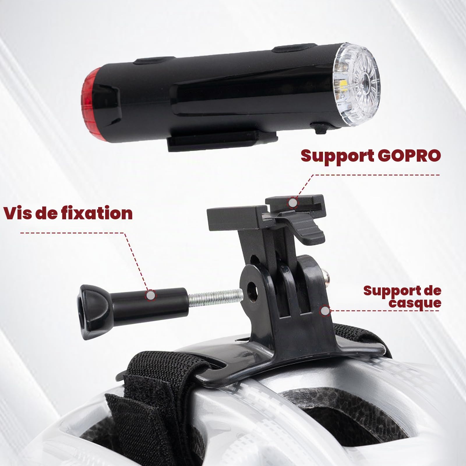Lot de 2 éclairages pour casque de vélo, double éclairage avant et arrière pour casque de vélo, lampe torche portable rechargeable par USB, 5 niveaux de gradation, avertissement à 360° pour