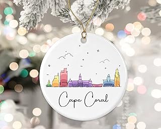 Cape Coral City Ornament - Cape Coral City Scape Ornament - Cape Coral Christmas Ornament - Landmarks Xmas Ornament Gift - Colorful City Skyline Graphic Printed on Both Sides, White