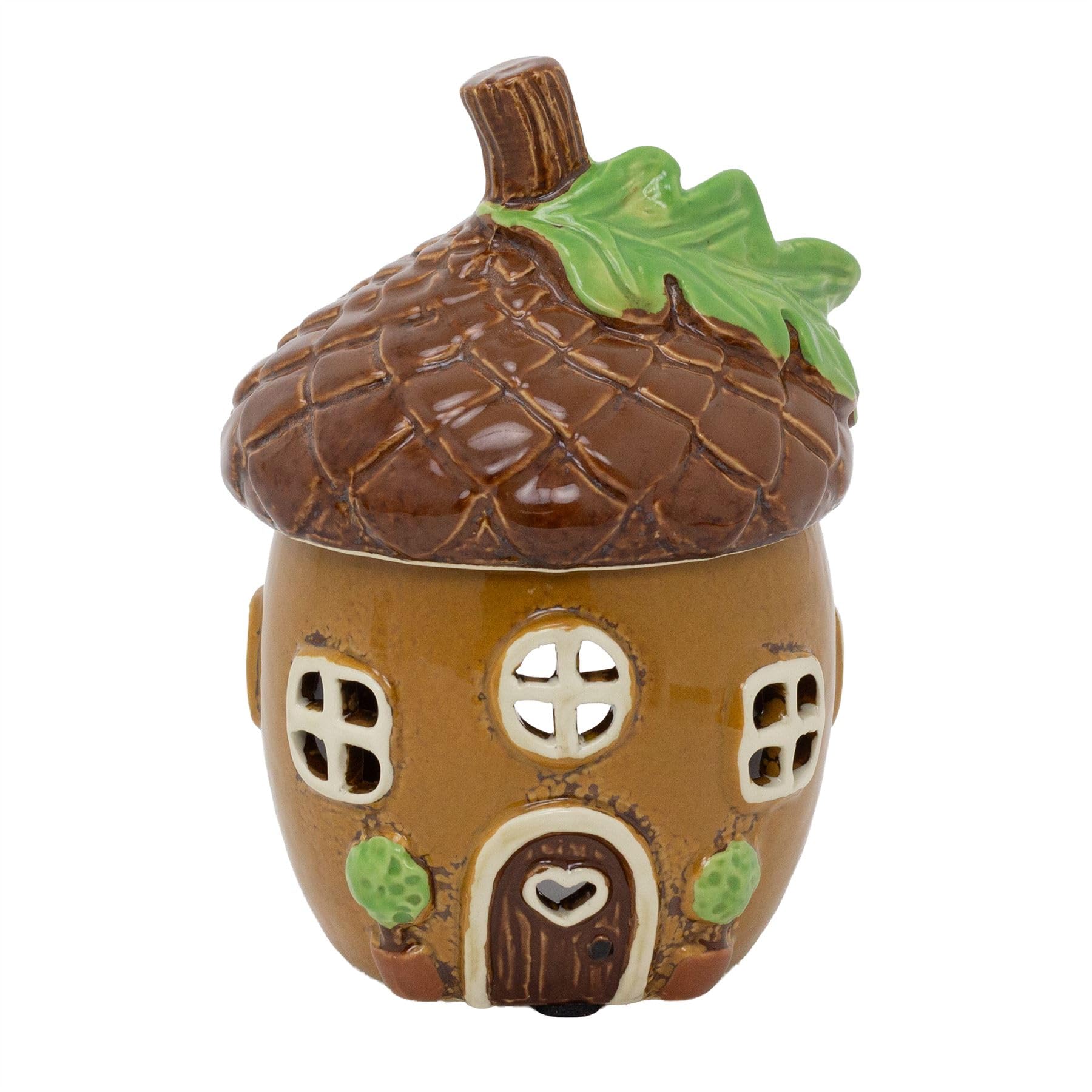 Carousel Home Brown Acorn House Wax Melt Burner | 15Cm Ceramic Woodland Acorn Tealight Oil Diffuser With Cut-Out Windows