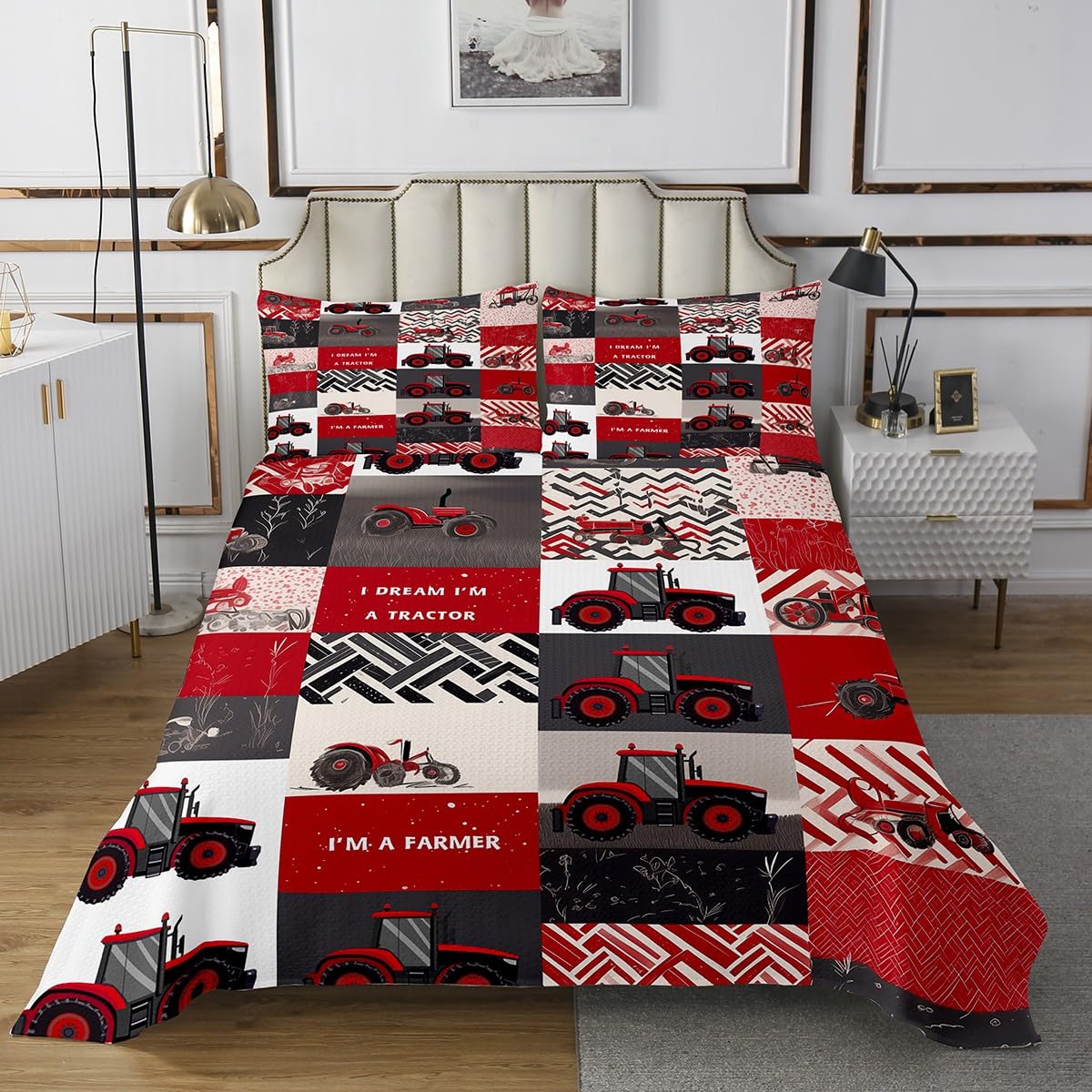 Erosebridal Kids Tractor Quilt Set for Boys Girls Red Cartoon Tractor Bedspread Set King Farm Vehicle Truck Bedspread Sets Equipment Construction Coverlet Set Rustic Geometric Plaid Room Decor