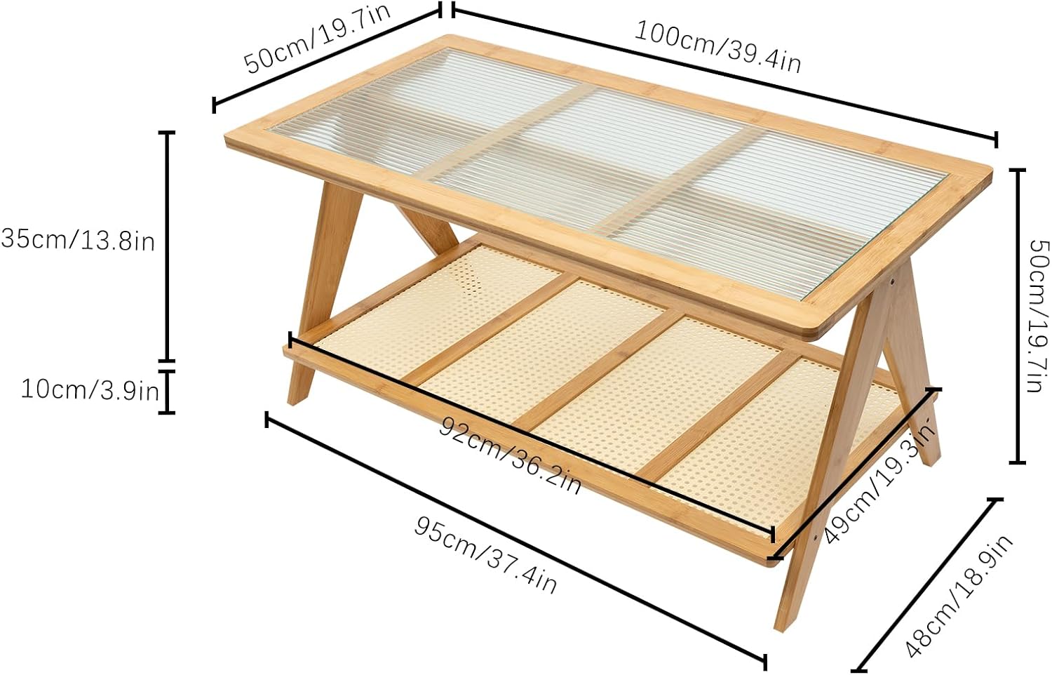 Rustic Rectangular Bamboo Coffee Table with Glass Top and Rattan Storage Shelf, 39.4x19.7x19.7 inch, Wood Color