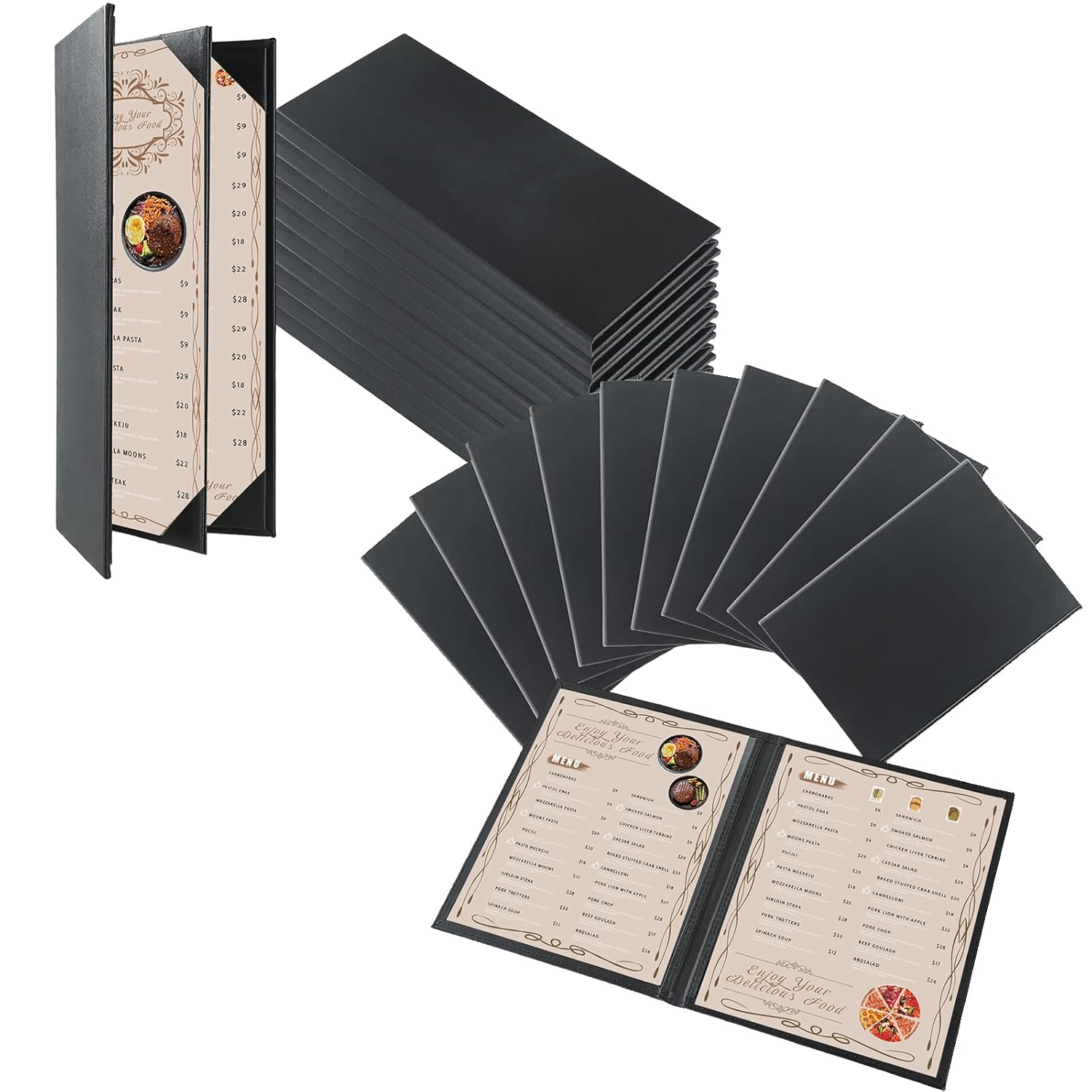 Restaurant Menu Covers Holders 4.25" x 11" | Pack of 20 Synthetic Leather Triple Fold Panels 4 View Angled Corners Black for Wine List, Drinks (20, Triple Fold Panels 4 View & 2 View)