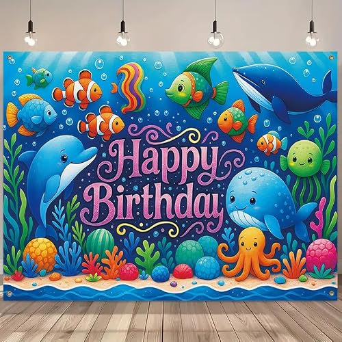 ActFirst Under the Sea Party Decorations Banner 71x43 Inch, Ocean Theme Birthday Backdrop with Sea Animals, Happy Birthday Decorations for Kids, Ocean Party Supplies