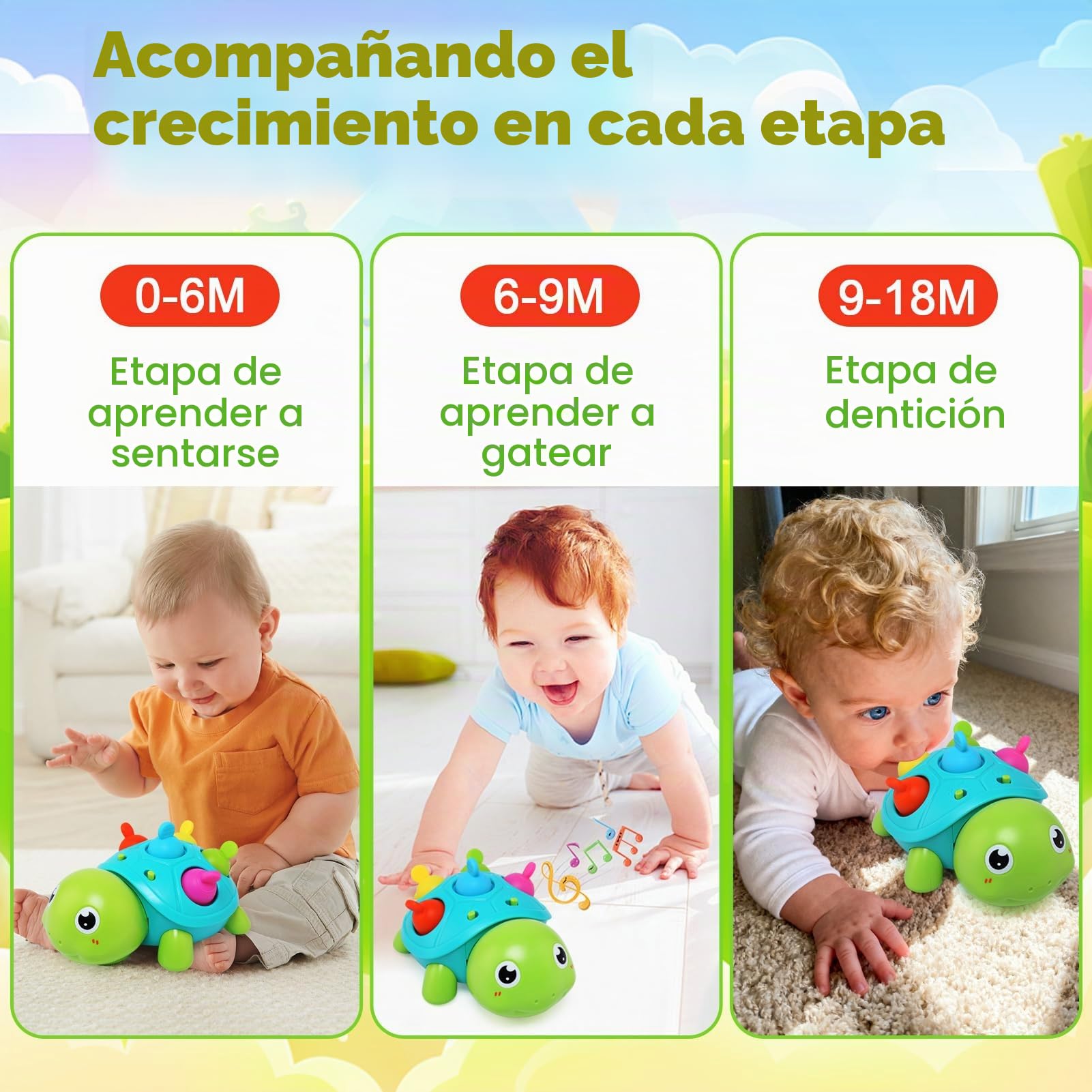 JoyPlus Juguetes Bebes 6-12 Meses, Tortuga Musical Juguetes Gateo para Niños 1 Año, Interactivo Juguetes para Gatear con Luces y Sonidos, Elefante Interactivo Juguetes Niños 1 Año, Regalos Originales