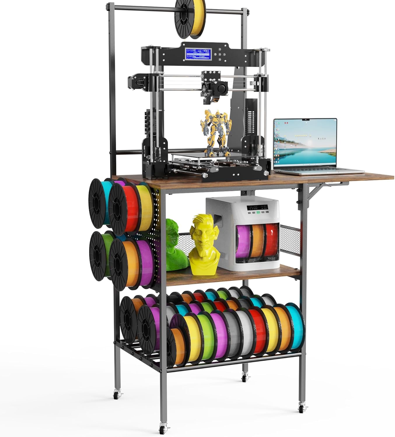 3D Printer Stand with Filament Storage, Rolling Foldable 3D Printer Table Rack Filament Organizer Black, Spools Holder Cart with Wheels for PLA, ABS, PETG for Garage Studio Office Workshop