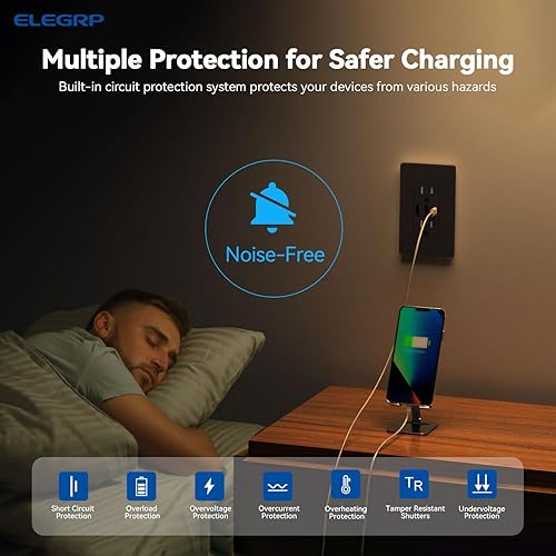 Miniatura 5 de ELEGRP Tomacorrientes USB, toma de pared de 3 puertos, toma eléctrica de 30 W 6.0 A, toma de corriente resistente a manipulaciones de 15 amperios