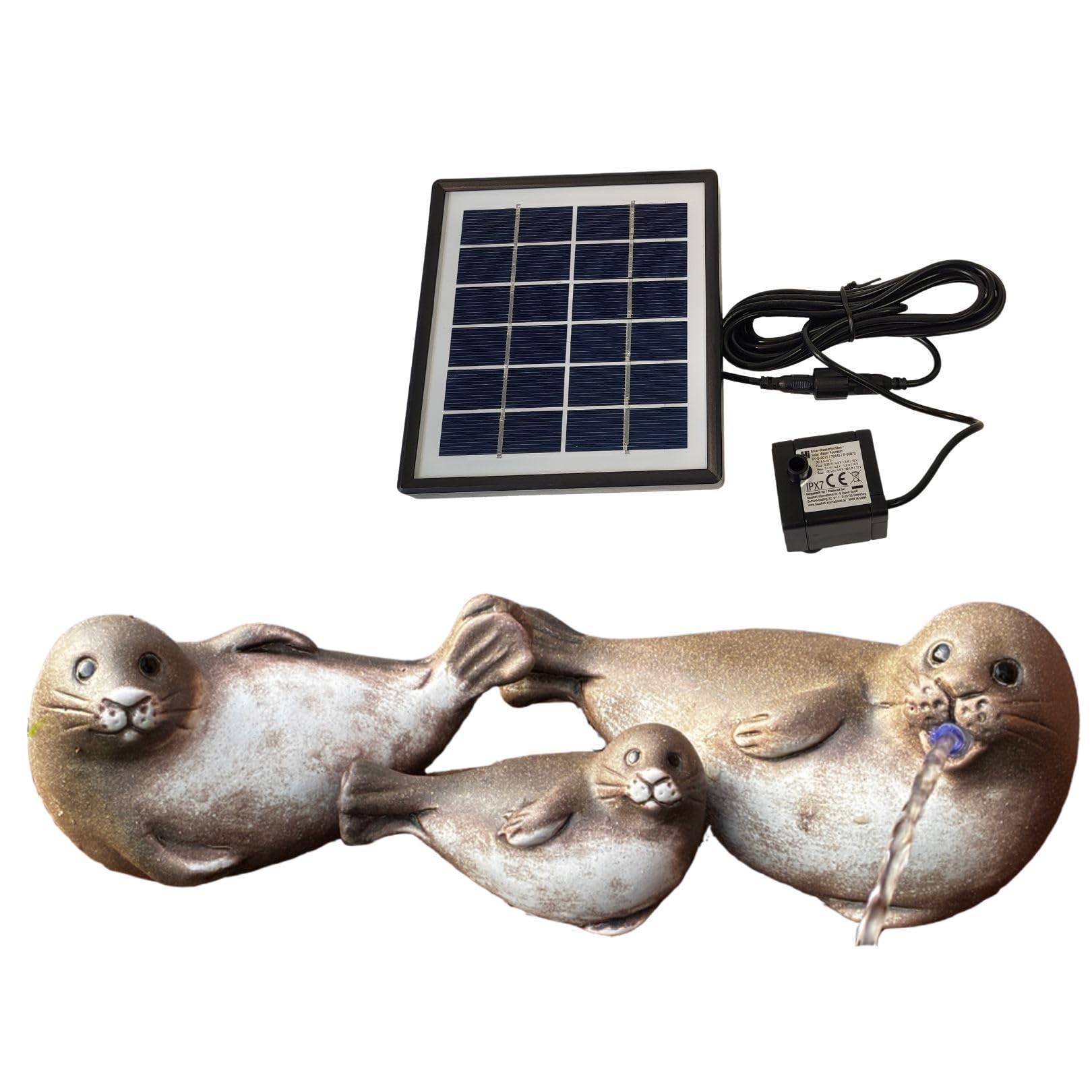 Storm's Gartenzaubereien Solar Wasserspeier Robben Set aus Keramik - 3er Set Robbenfamilie inkl. Solarpumpe - Maritime Dekofiguren für Garten/Balkon - Stromloser Teichbrunnen mit 3m Kabel