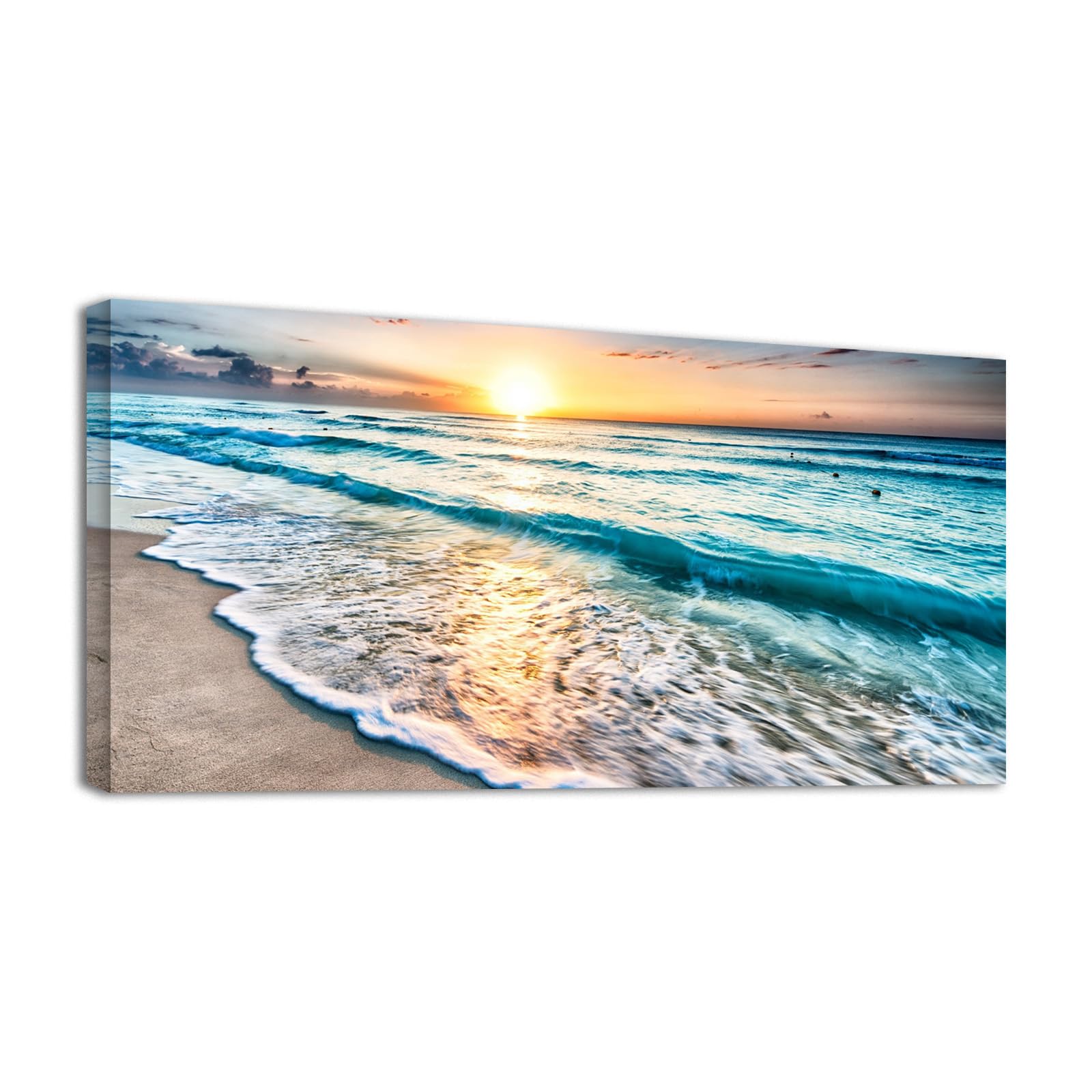 Wewejia Canvas Prints Wall Art Beach Sunset Ocean Waves Nature Pictures Stretched Pictures to Photo Paintings on Canvas for Home Office Decorations Wall Décor Large 48"x24"x1pcs (60x120cmx1pcs)