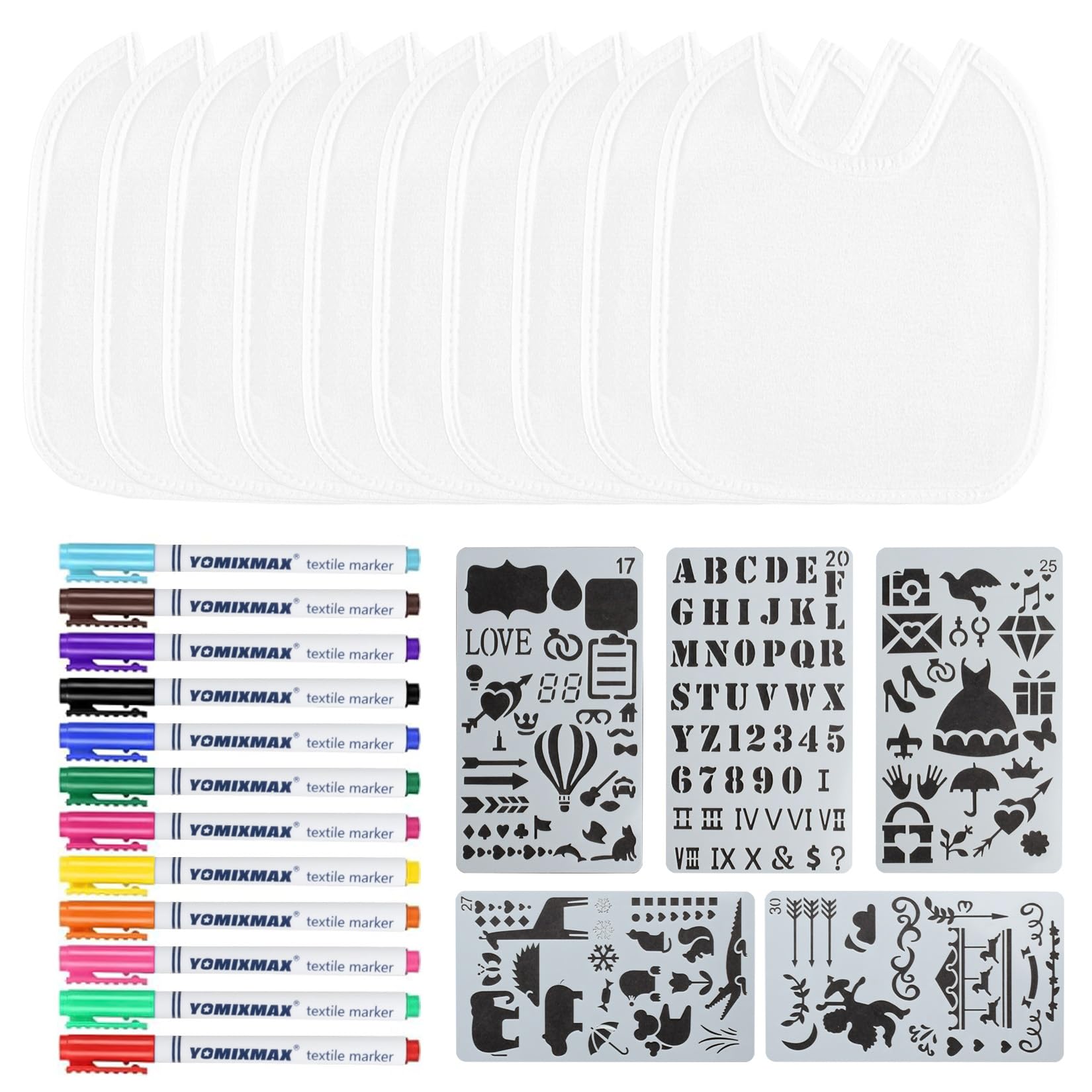 12 STK Lätzchen zum Bemalen, Weiße Baby Lätzchen, Wasserdicht Lätzchen Weiß, Baumwolle Halstuch Sabberlätzchen Baby for Babyparty Babyshower Party Deko Junge Mädchen, mit 12 Textilstifte, 5 Lineale