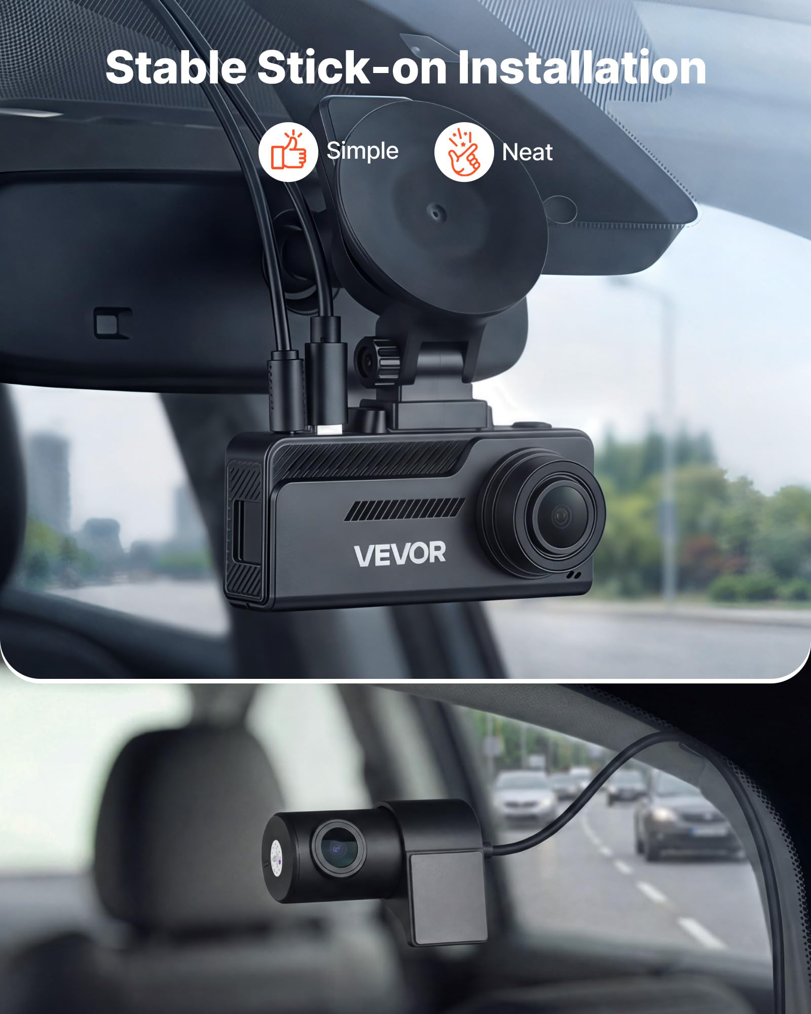 VEVOR Cámara de Salpicadero para Coche con Ventosa, Dashcam Frontal y Trasera 4K+1080P, con Tarjeta de 64 GB, GPS Integrado, Sensor G, Ángulo de Visión Frontal 129° y Trasero 125°, Grabación en Bucle