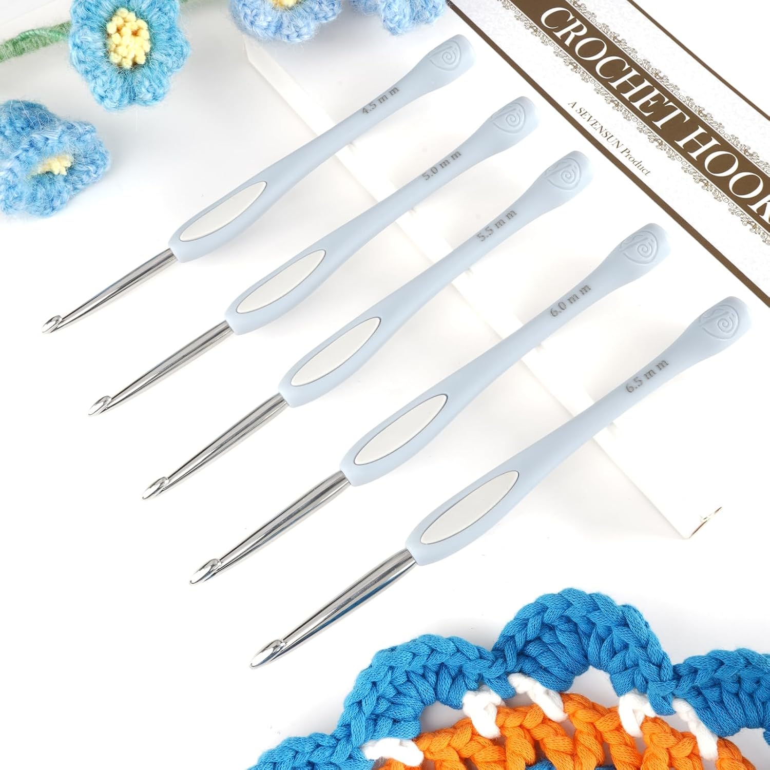 SEVENSUN Pansy Handcrafted Stainless Steel Crochet Hook Set of 5 4.5-6.5mm | Hand-Polished Smooth Stainless Steel Hook, Durable Ergonomic PP Handle, Soft Silicone Thumb Pad, Reduces Hand Fatigue