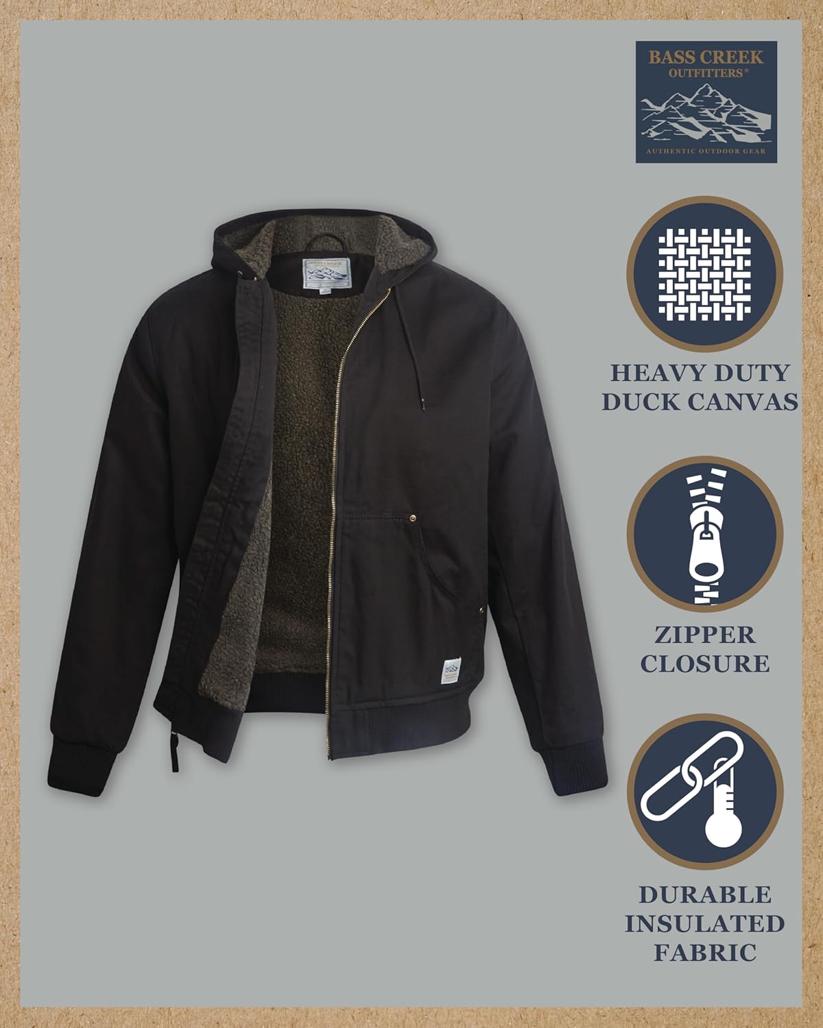 Bass Creek Outfitters Mens Canvas Jacket - Heavy Duty Cotton Sherpa Lined Zip Up Duck Work Jackets for Men (Sizes M-XXL) - Image 2