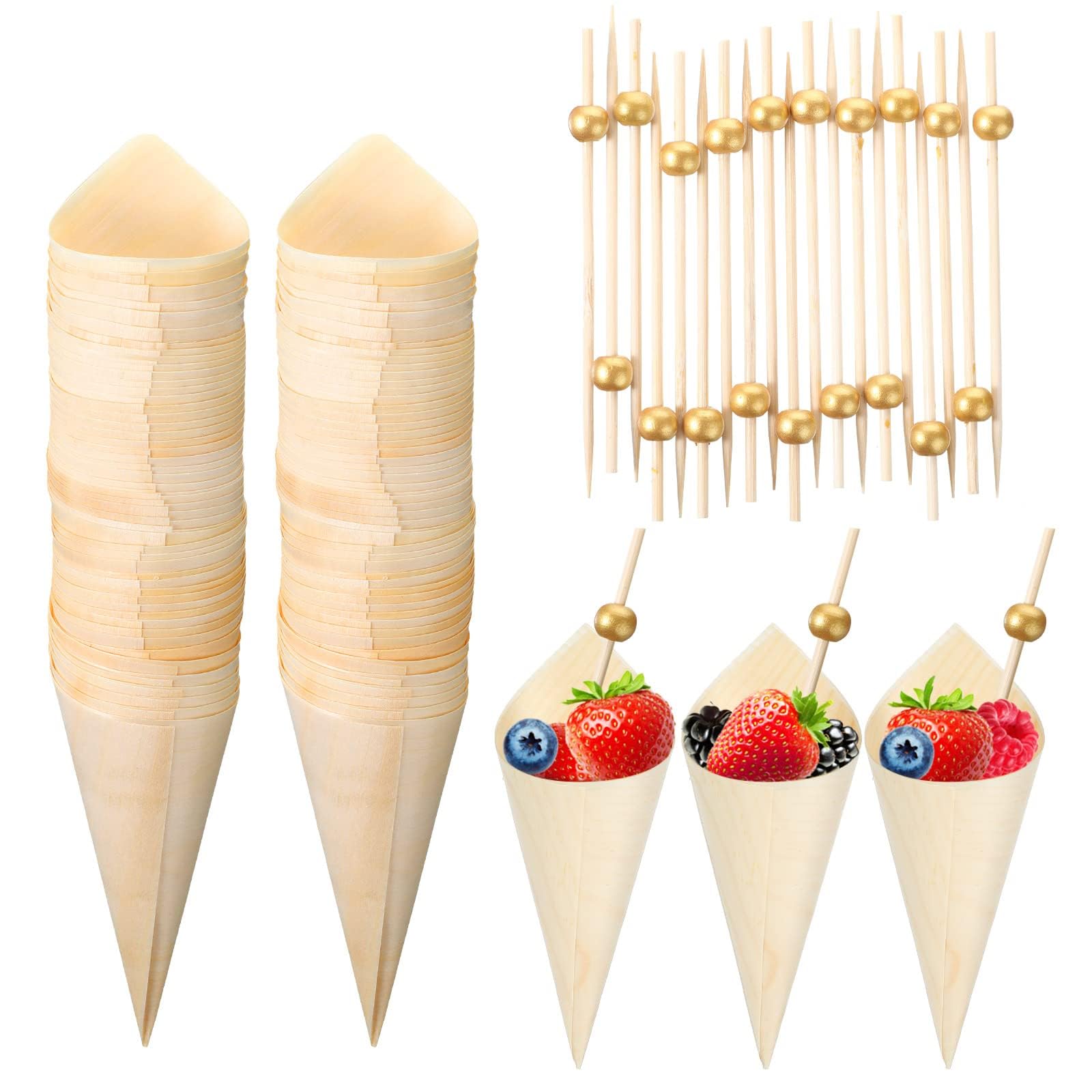 MAKINGTEC 200 Pcs Disposable Wood Cones Pearl Cocktail Picks Fancy Bamboo Toothpicks for Appetizers Wooden Food Picks Ice Cream Cone Holder Cocktail Skewers for Drinks Wedding Birthday Party