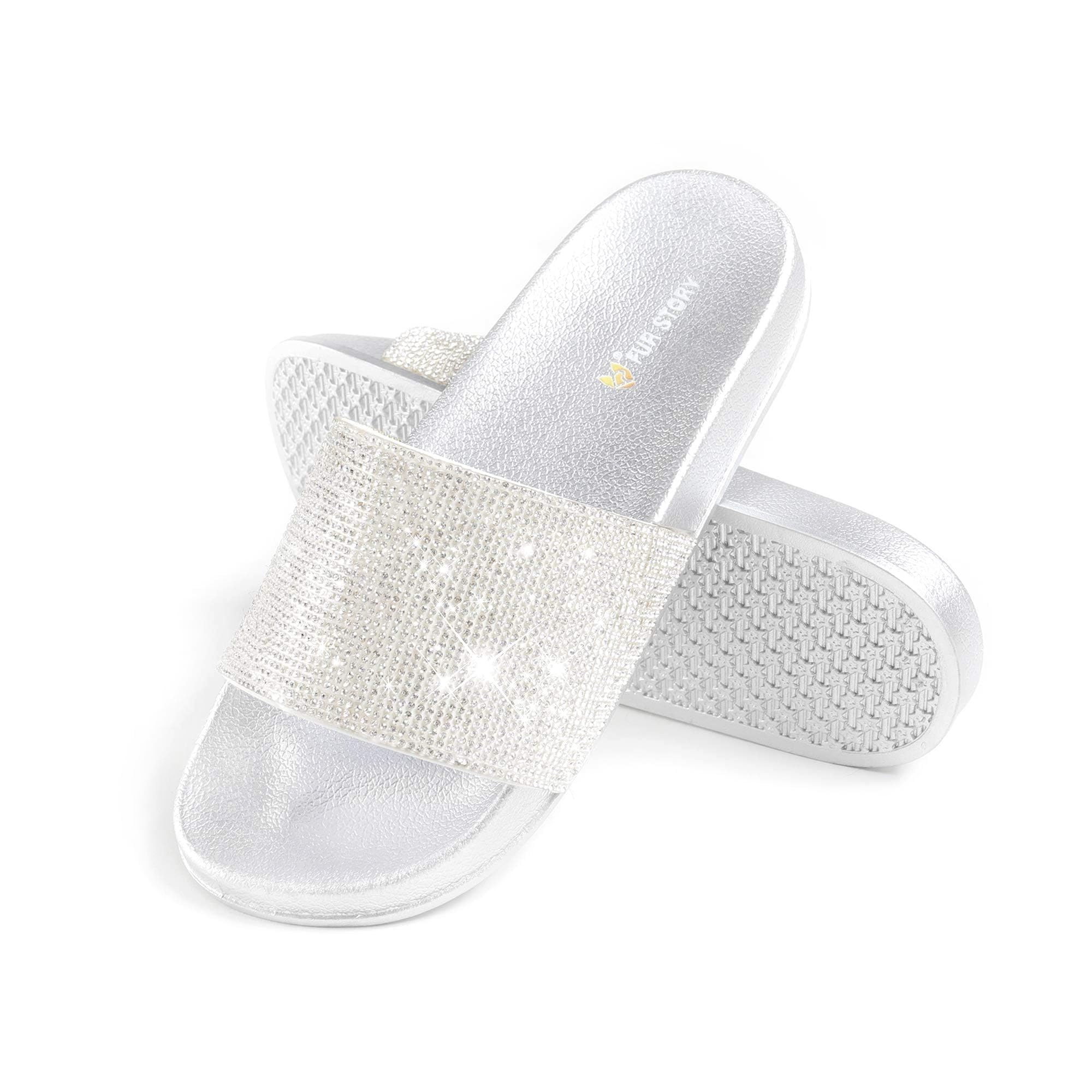 Fur Story Womens Slides House Slippers Rhinestone Glitter Slides Cute bling Flat for Women Platform Sandals Cozy Bedroom Slippers Shower Shoes