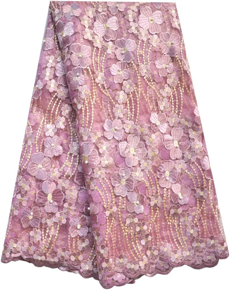 SanVera17 Manual Beading Glitter Stone African Lace Net Fabrics Nigerian Fabric Embroidered for Party Wedding 5 Yards