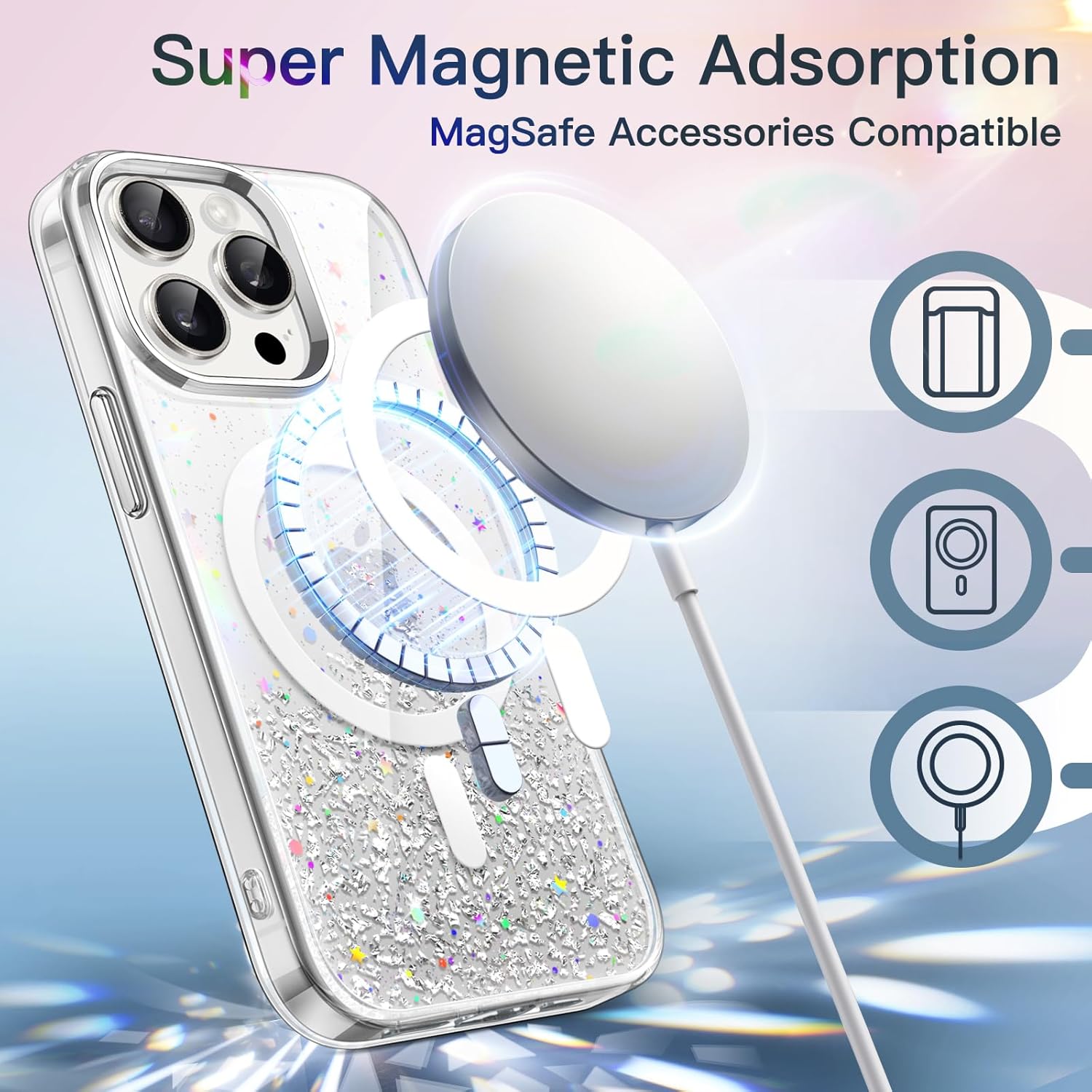 JETech Glitter Case for iPhone 15 Pro Max 6.7-Inch Compatible with MagSafe, Clear Cute Bling Sparkle for Women and Girls, Shiny Shockproof Magnetic Sparkly Phone Cover (Clear) - Image 4