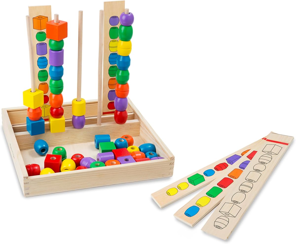 Bead Sequencing Set with 46 Wooden Beads and 5 Double-Sided Pattern Boards