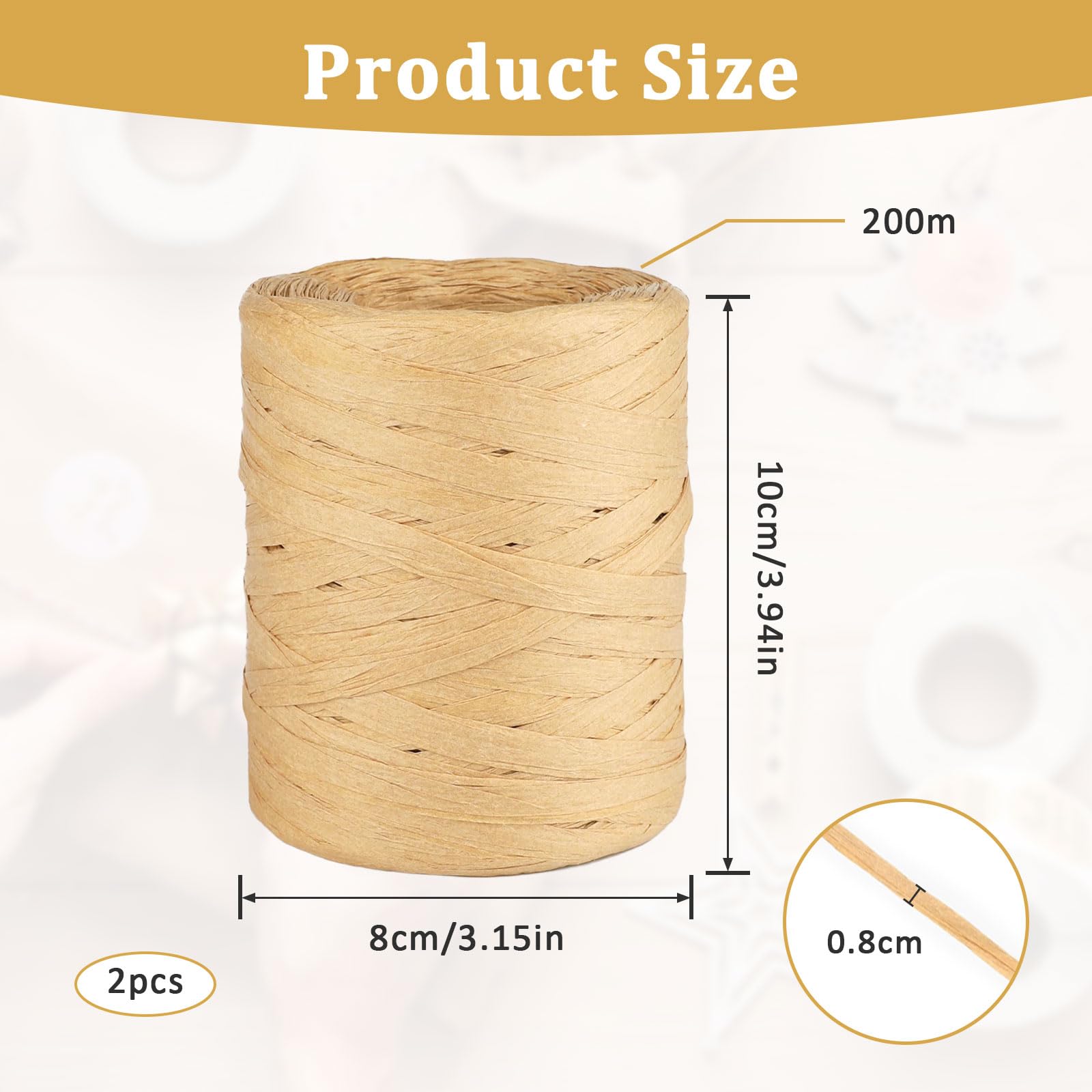 Ruban de Rafia 8mm x 400M Rouleaux de Papier Fibre Naturelle Cordon d'Emballage