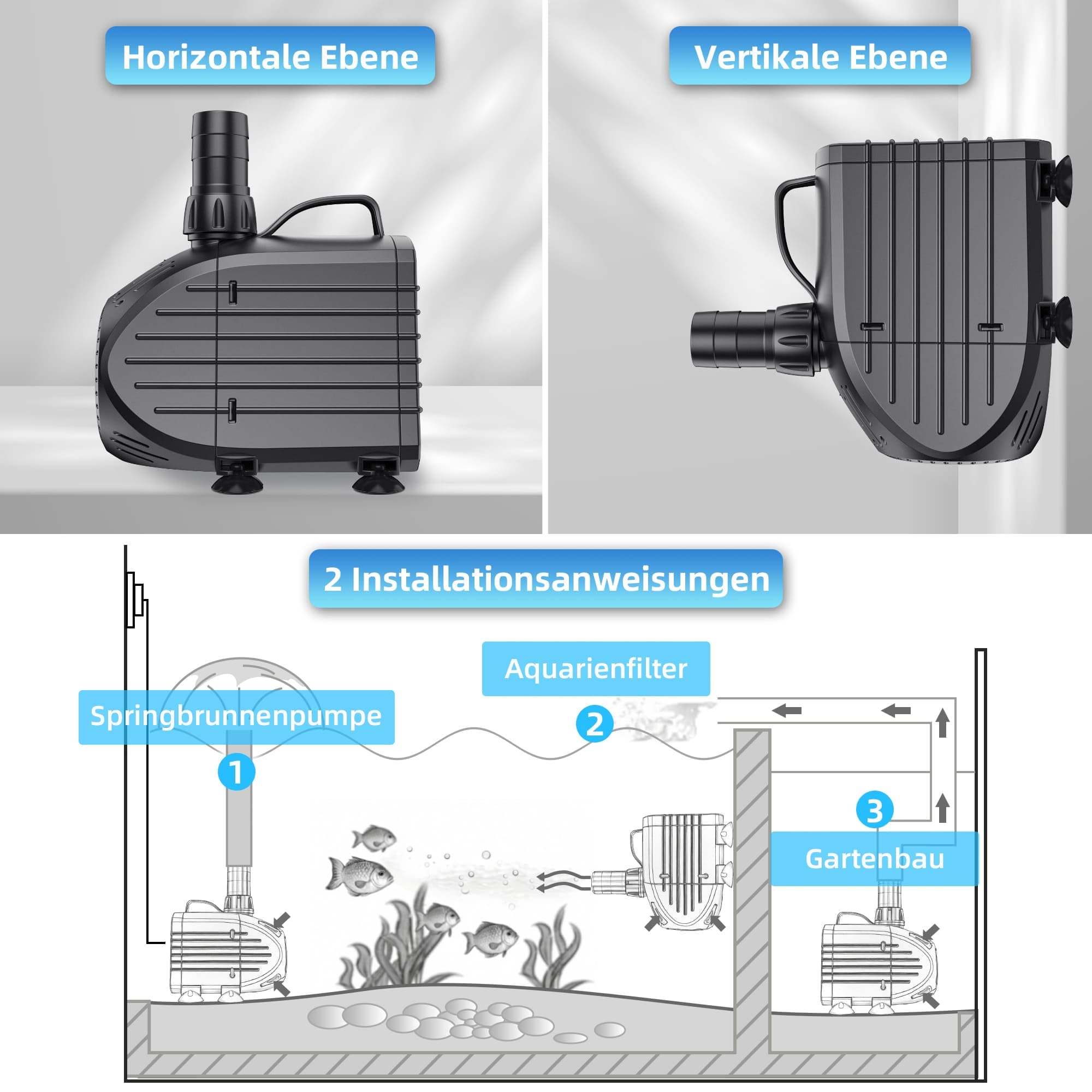 Billing Ultralekka pompa do oczka wodnego z filtrem, 80 W, 4500 l/h, pompa do fontanny, pompa do akwarium, do stawu, fontanny, pompa głębinowa do fontann, pompa do fontann i fontann