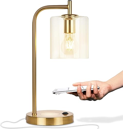 Brightech Elizabeth Table Lamp with Wireless Charging Pad and USB Port, Bedside Reading Lamp, Vintage Brass Gold Desk Lamp, Nightstand Lamp with LED