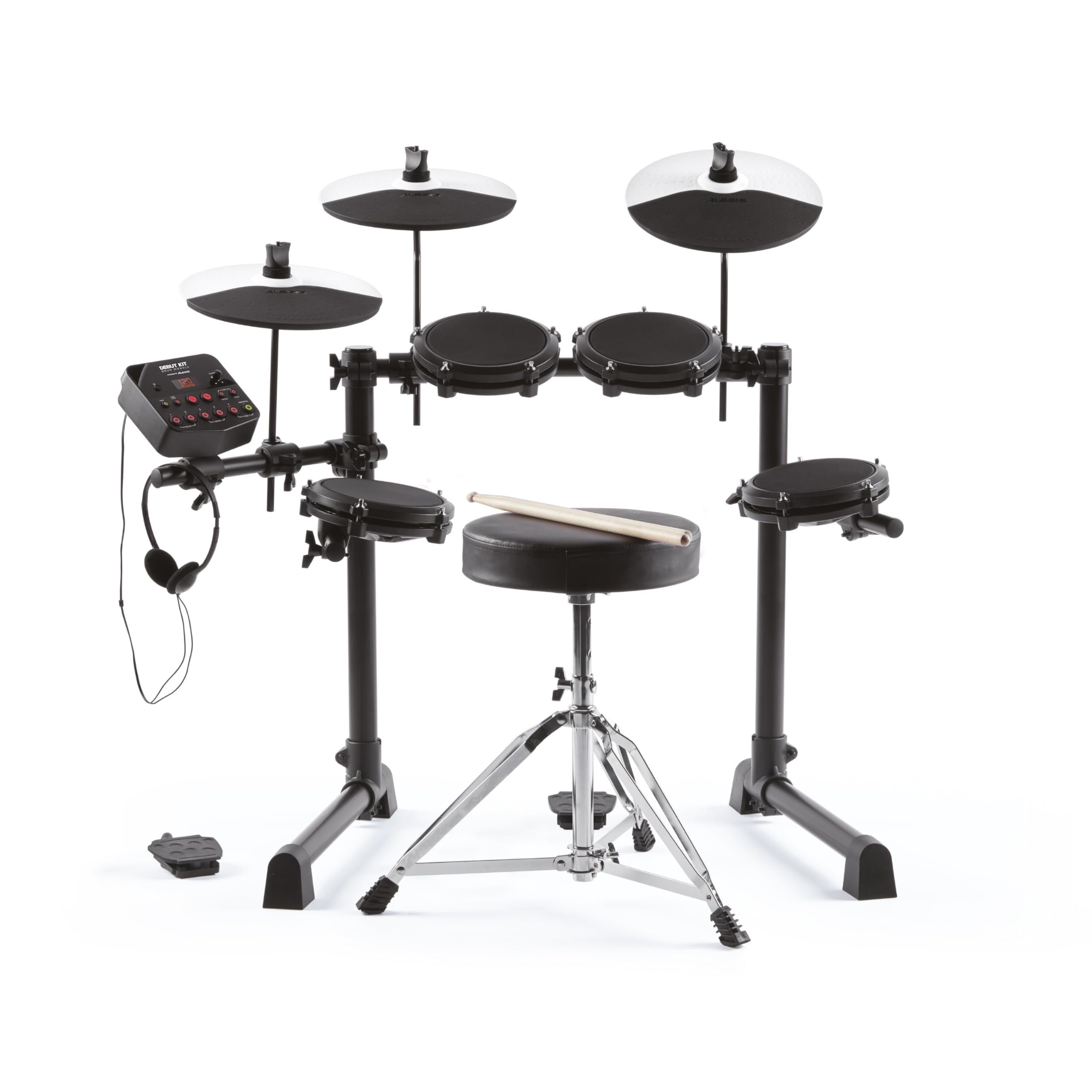 Alesis Debut Kit - Batería electrónica infantil con 4 parches de malla, 120 sonidos, 100 lecciones, taburete, baquetas, llave de batería y auriculares