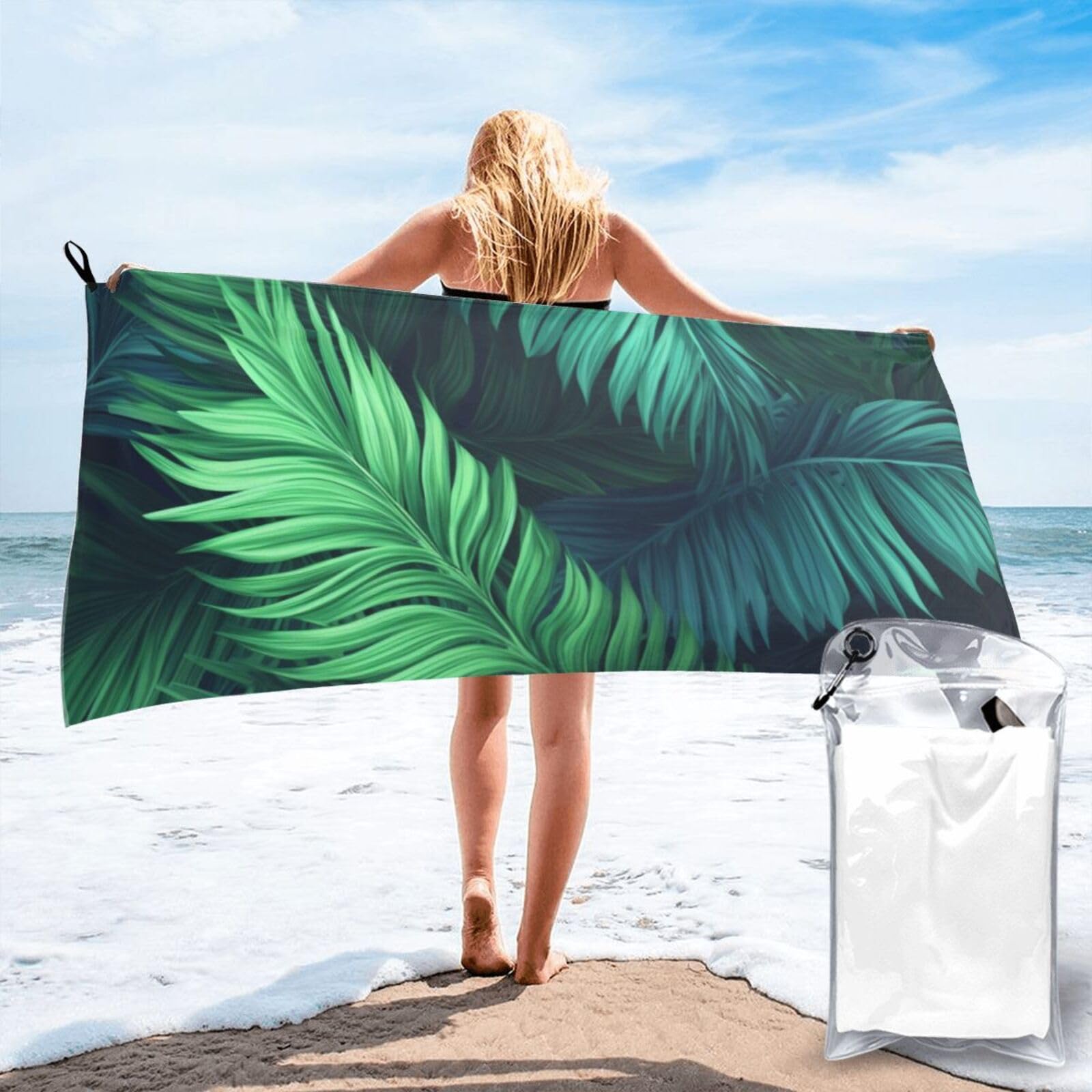 DWVTSLH Microfiber Sand Free Beach Towel 27.5"x55", Quick Dry Absorbent Travel Towel Large Camping Blanket, Tropical Palm Leaves Bath Towels Lightweight Pool Swim Towels for Vacation Essentials