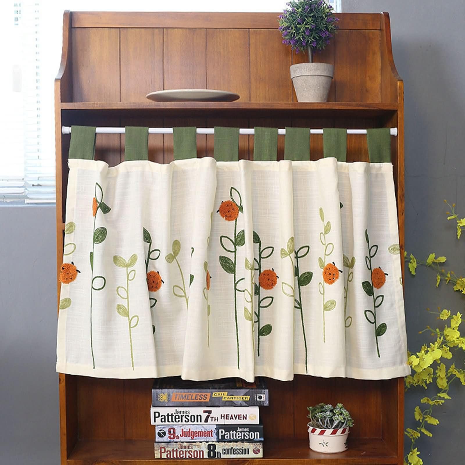 Firanka bistro, zestaw 1 szt., 1 x 200 W x 80 cm (wys. x szer.), krótkie zasłony, żółto-beżowe, liście, gałązki, haftowany wzór, zasłony do salonu, kieszeń na pręt