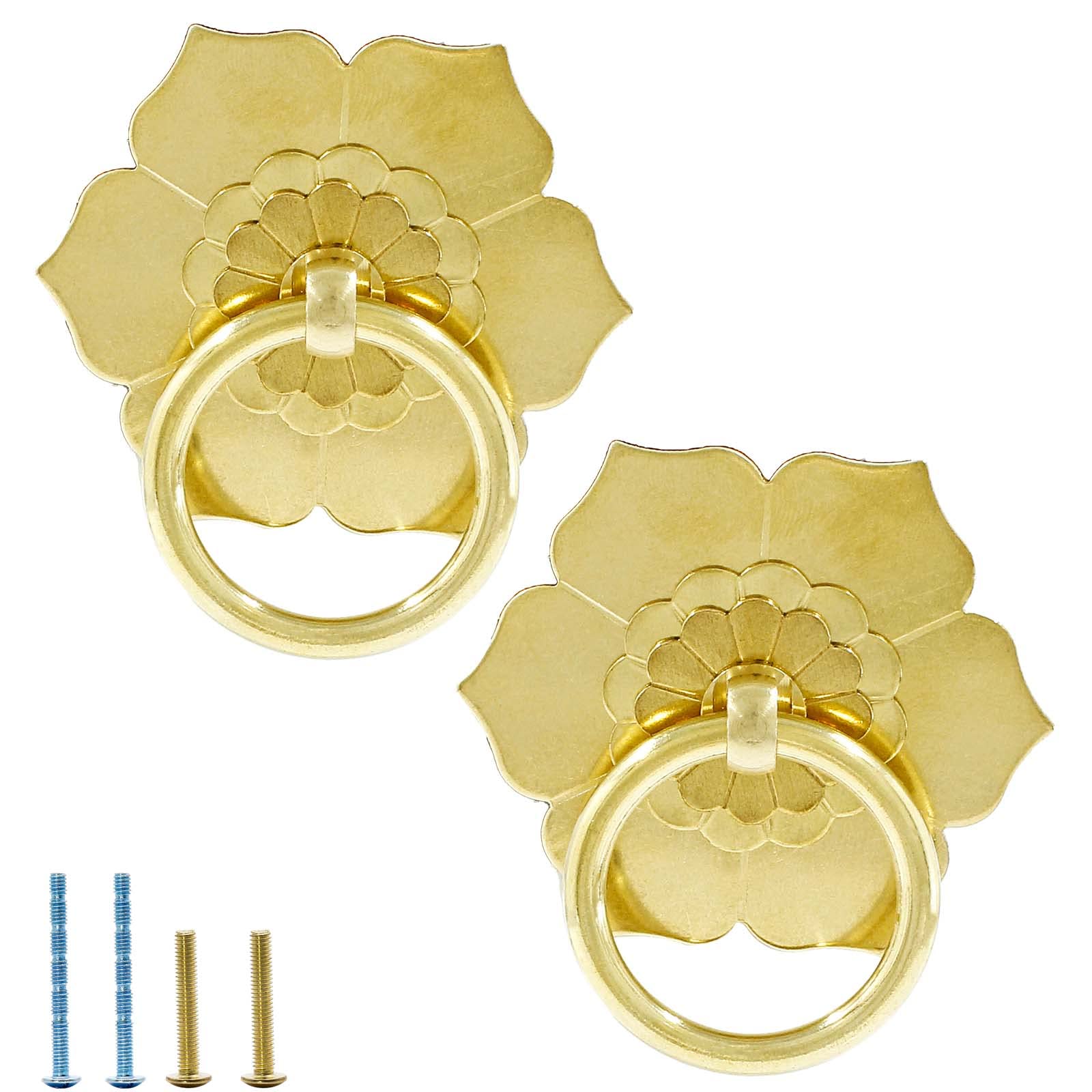 HARSKIYER 2pcs Gold Flower Shape Dresser Drawer Knobs, 2.5 Inch Cabinet  Pulls With Drop Ring, Vintage Kitchen Antique Ring Pulls - Amazon.com