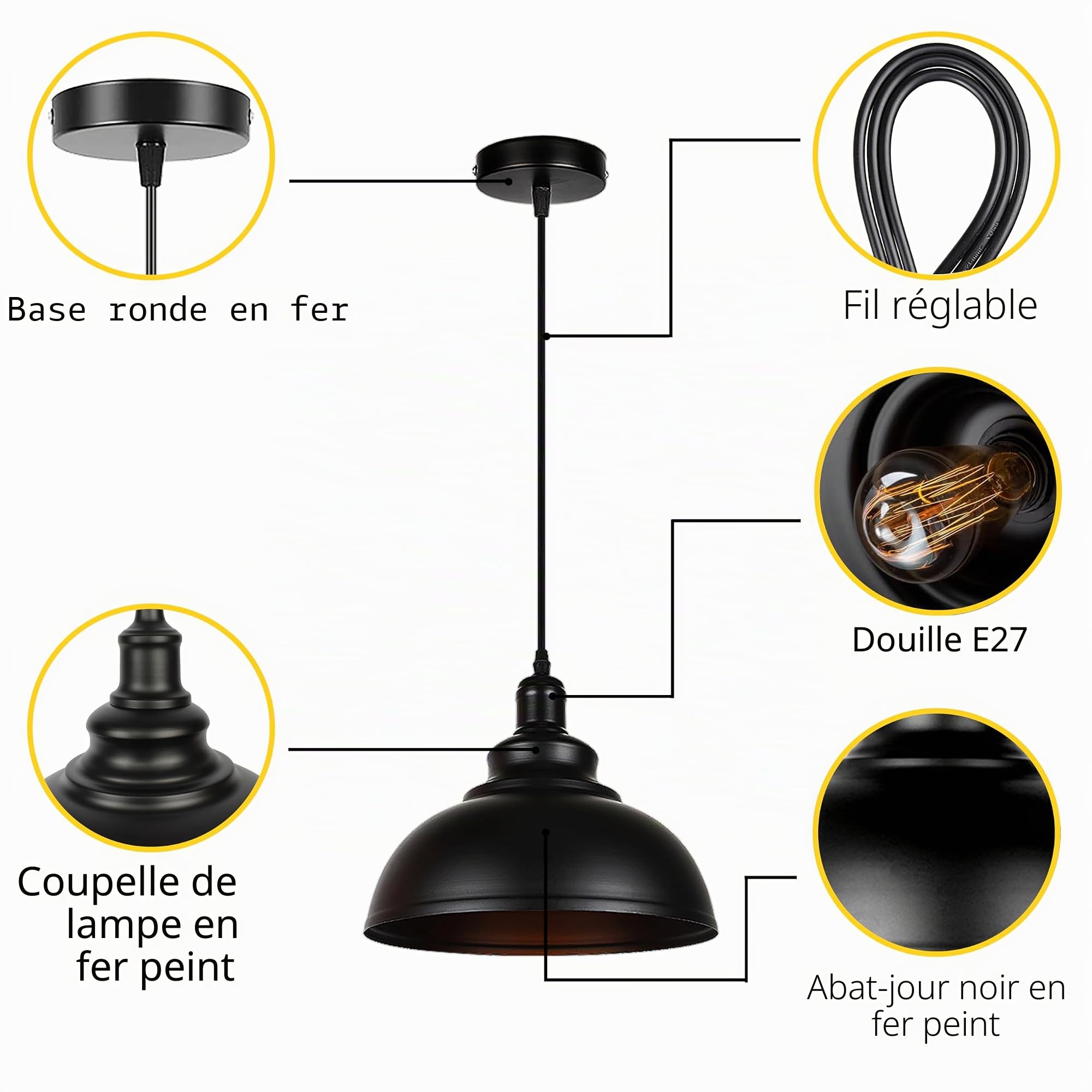 industrielle Pendentif lumière, vintage Suspension métal Lampe fer Pendentif d'éclairage Pendentif Luminaire Loft Lampe Suspendue pour Restaurant Cuisine 60.00W 110.00V (Noir-3 Pièces)