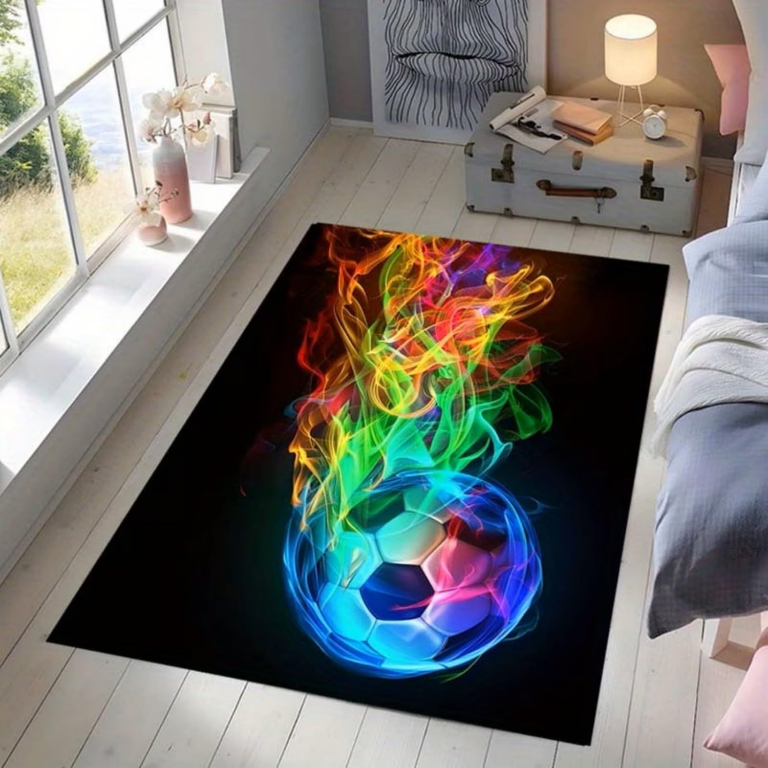 Cooler Fußball Teppich 140x200cm mit Buntem Flammen Motiv - Rutschfester Wohnzimmerteppich für Kinderzimmer Spielzimmer Jugendzimmer, Waschbar & Weich