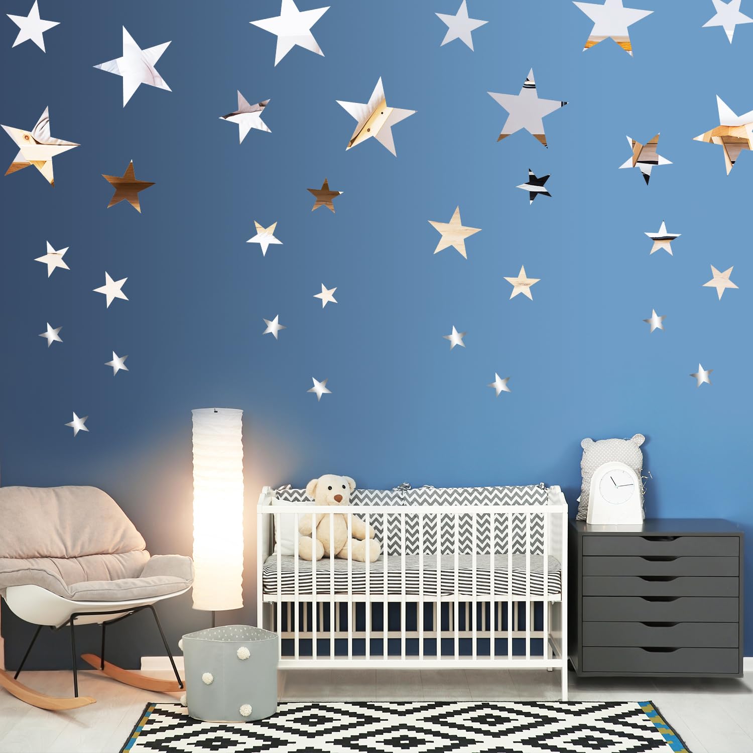 Shappy 32 Pcs Star Mirror Wall Stickers 3D Acrylic Star Mirror Wall Decal Removable Stars Sticker for DIY Home Living Room Bedroom Wall Decor (Silver)