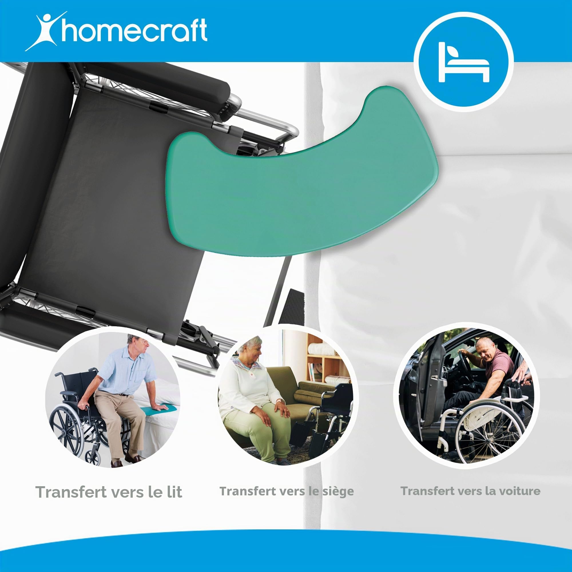 Days, planche de transfert incurvée, robuste, en plastique renforcé et imperméable, bords arrondis, extrémités antiglisse, pour personnes à mobilité réduite et utilisateurs de fauteuil roulant.