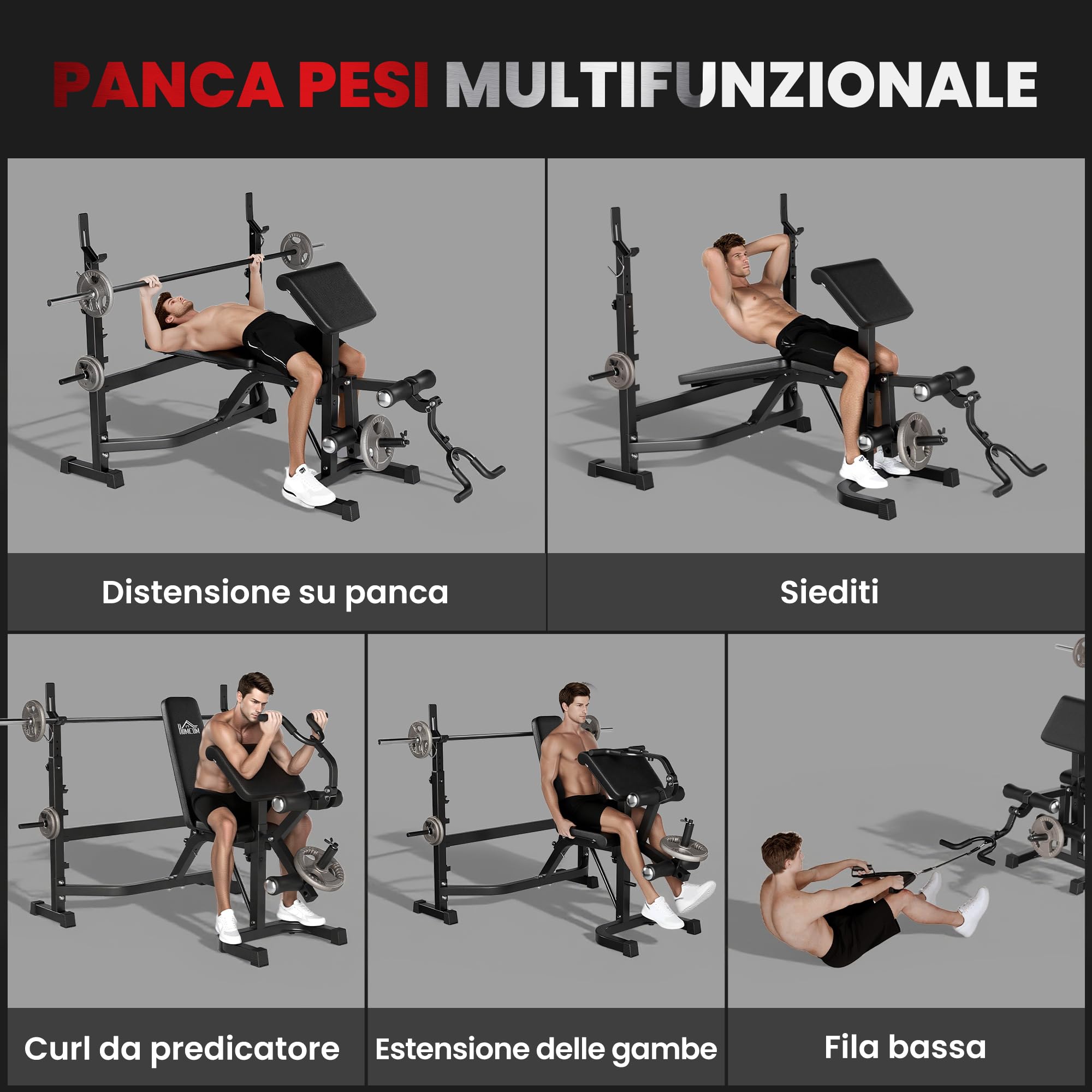 HOMCOM Panca Palestra Multifunzione Regolabile con Rack Bilanciere, Pad per Gomiti e Schienale, Panca Pesi Inclinabile Piana con Leg Extension, Low Row, Arm Curl, Addominali, Allenamento Palestra Casa