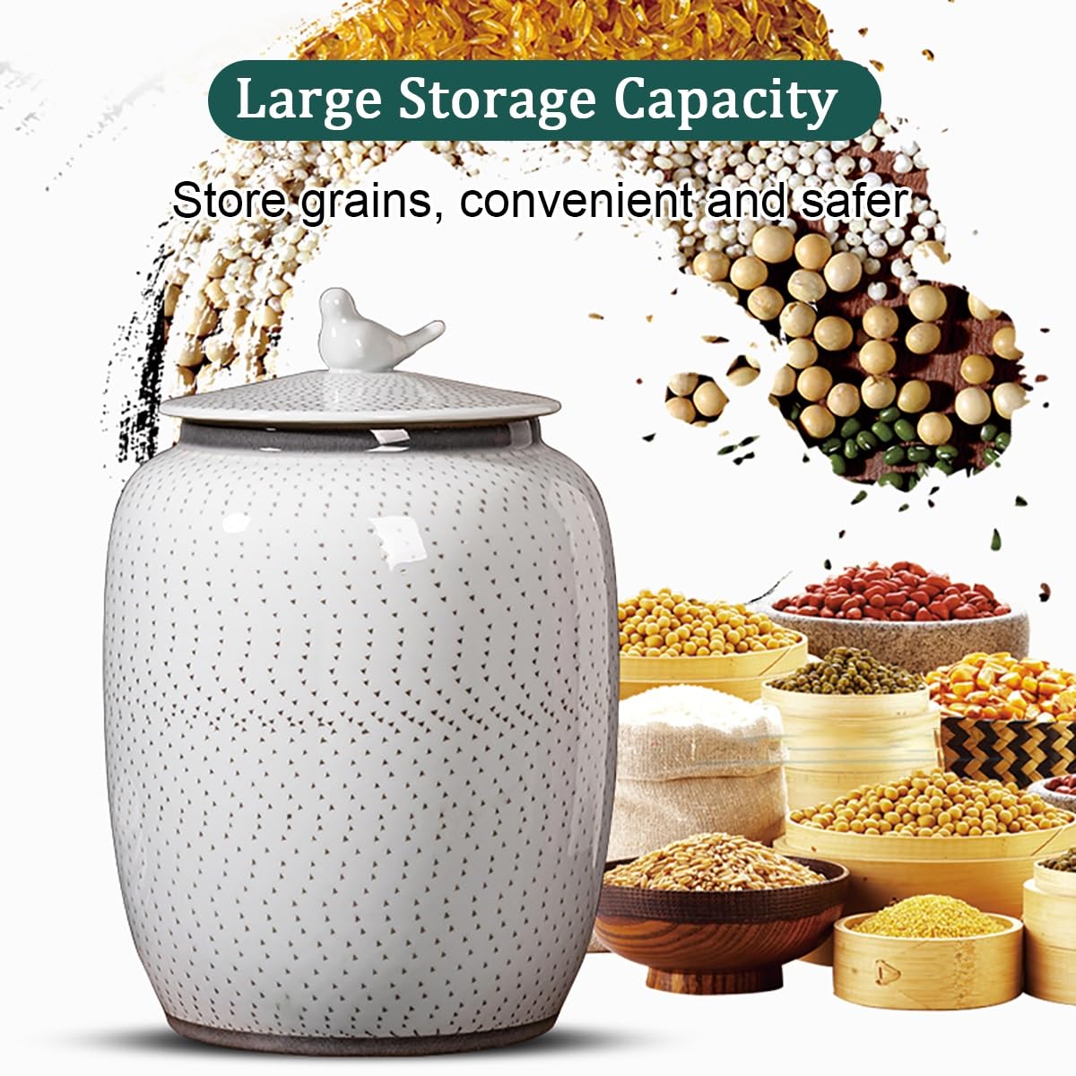 Céramique Seau À Riz,Seau À Riz Accueil Boîte À Riz Scellé,Récipient De Stockage De Riz en Céramique,Scellé À L'humidité,20kgrande Capacité,Récipient De Stockage De Riz