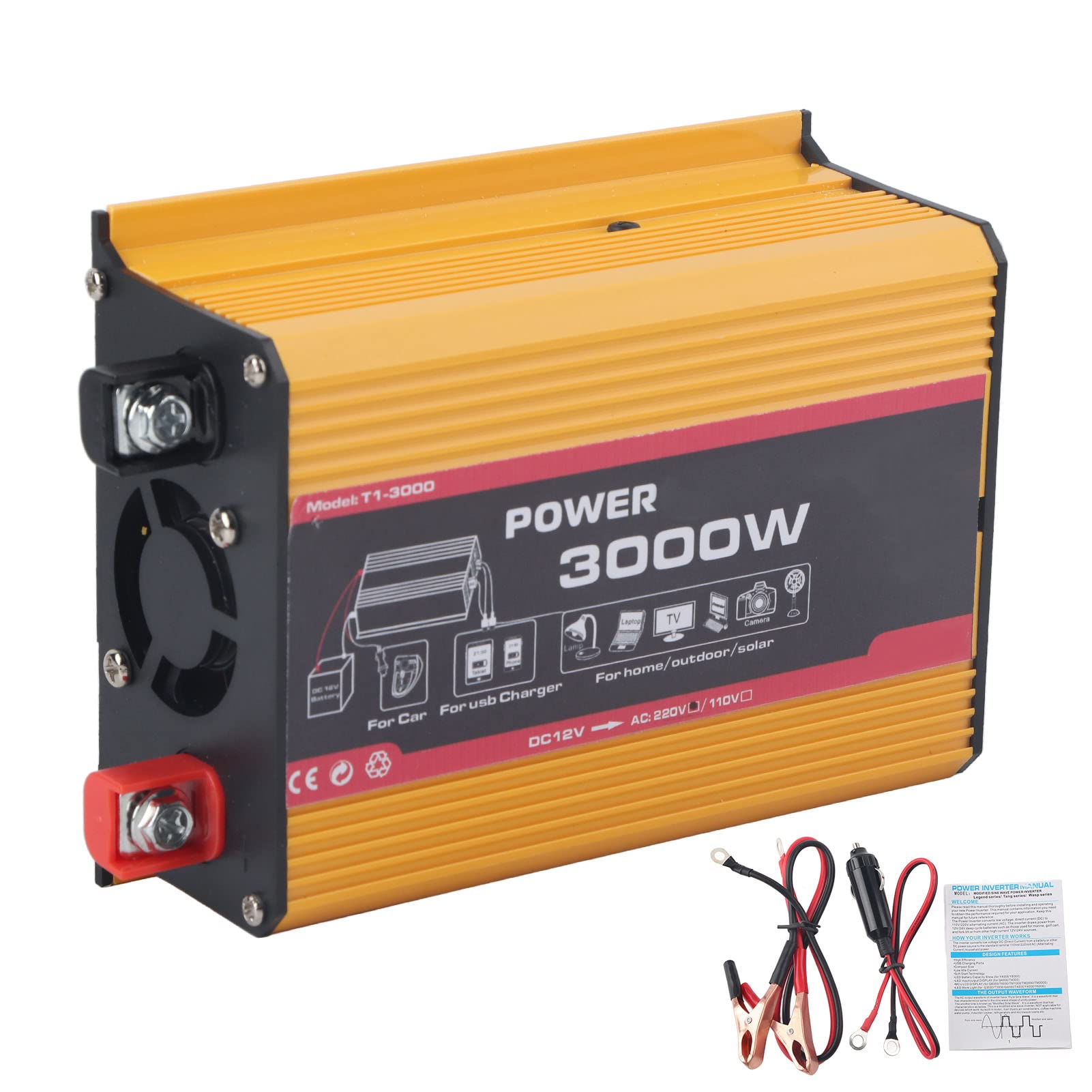 Inversor de Coche 3000W, Inversor de Coche 3000W Convertidor de Potencia Automático USB Dual Transformador de Onda Sinusoidal Modificada (DC12V AC110V) (DC12V-AC220V)