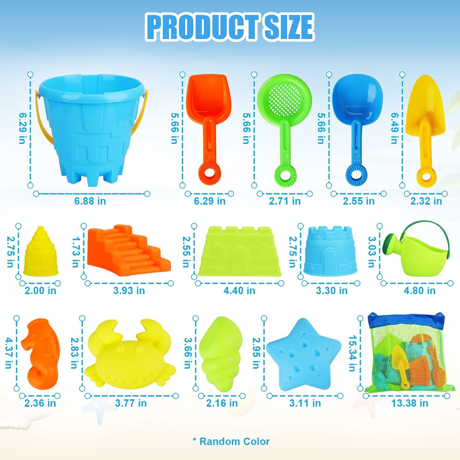 TOY Life 15 PCS Beach Sand Toys for Kids - Beach Toys for Kids Includes Sand Bucket, Beach Shovel and Castle Molds Sand Molds, Toddler Sandbox Toys, Beach Bucket with Bonus Waterproof Carrying Net : Toys & Games