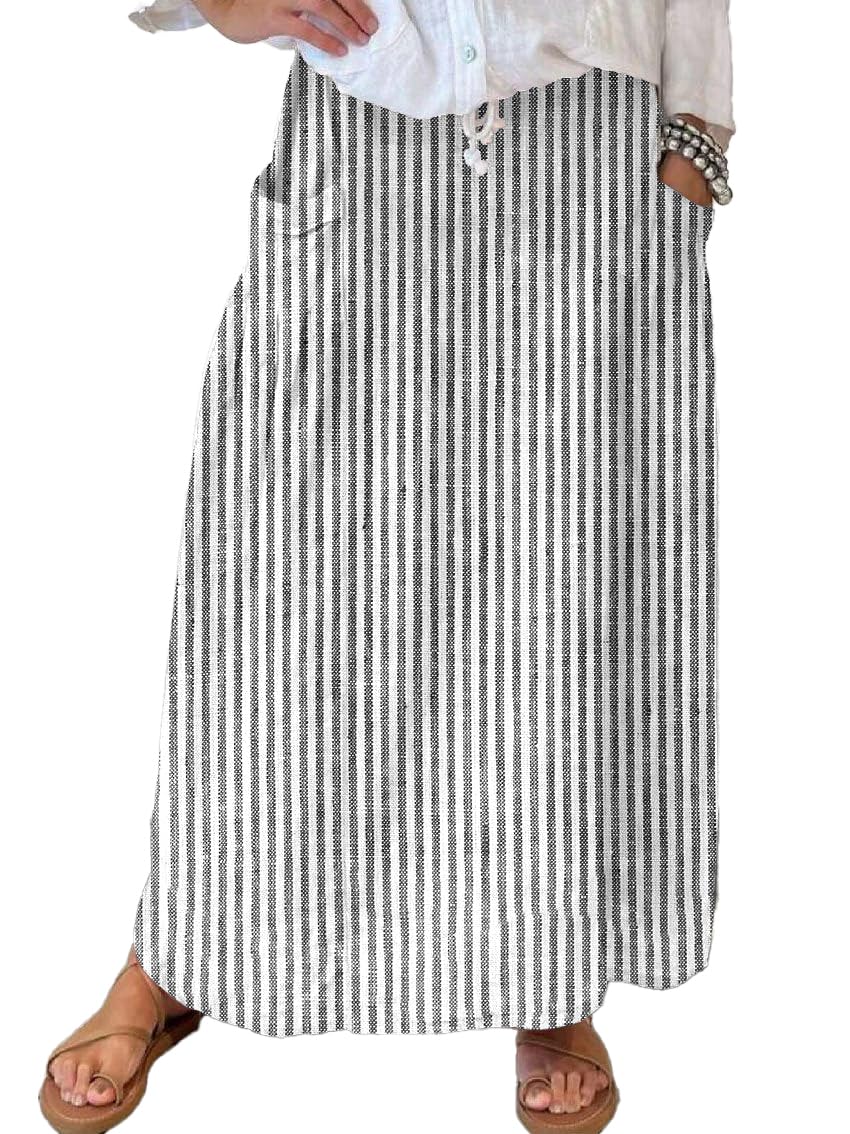 chouyatou Womens Vertical Striped High Waist Maxi Skirt Vintage Floral Cotton Long Skirt with Pockets