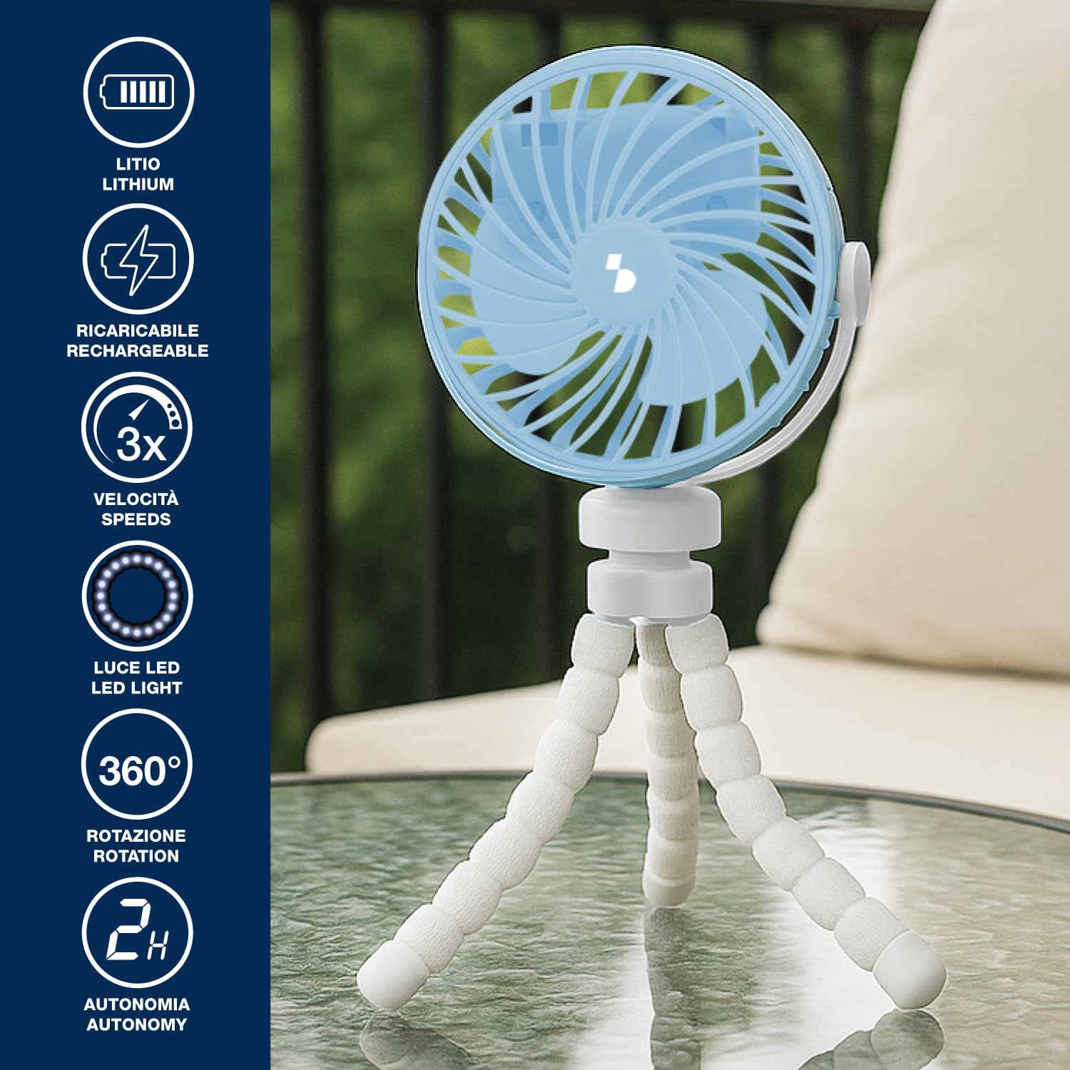 BEPER P206VEN431 Mini Ventilatore con Gambe Flessibili Ricaricabile USB-C, Ventilatore Portatile 3 Velocità, Rotazione 360°, Luce LED, Gambe flessibili per Passeggino, Ombrellone, Auto