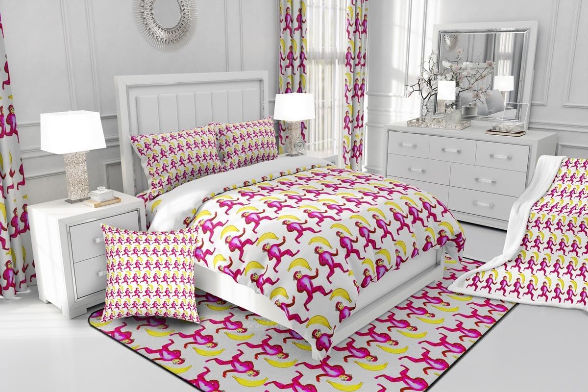 Feelyou Pink Bunny Bed in a Bag Preppy Roller Dupes Rabbit Comforter Set with Sheets for Kids Boys Girls Kawaii Animal Monkey 7 Piece Bedding Set Queen Size Banana Bed Set