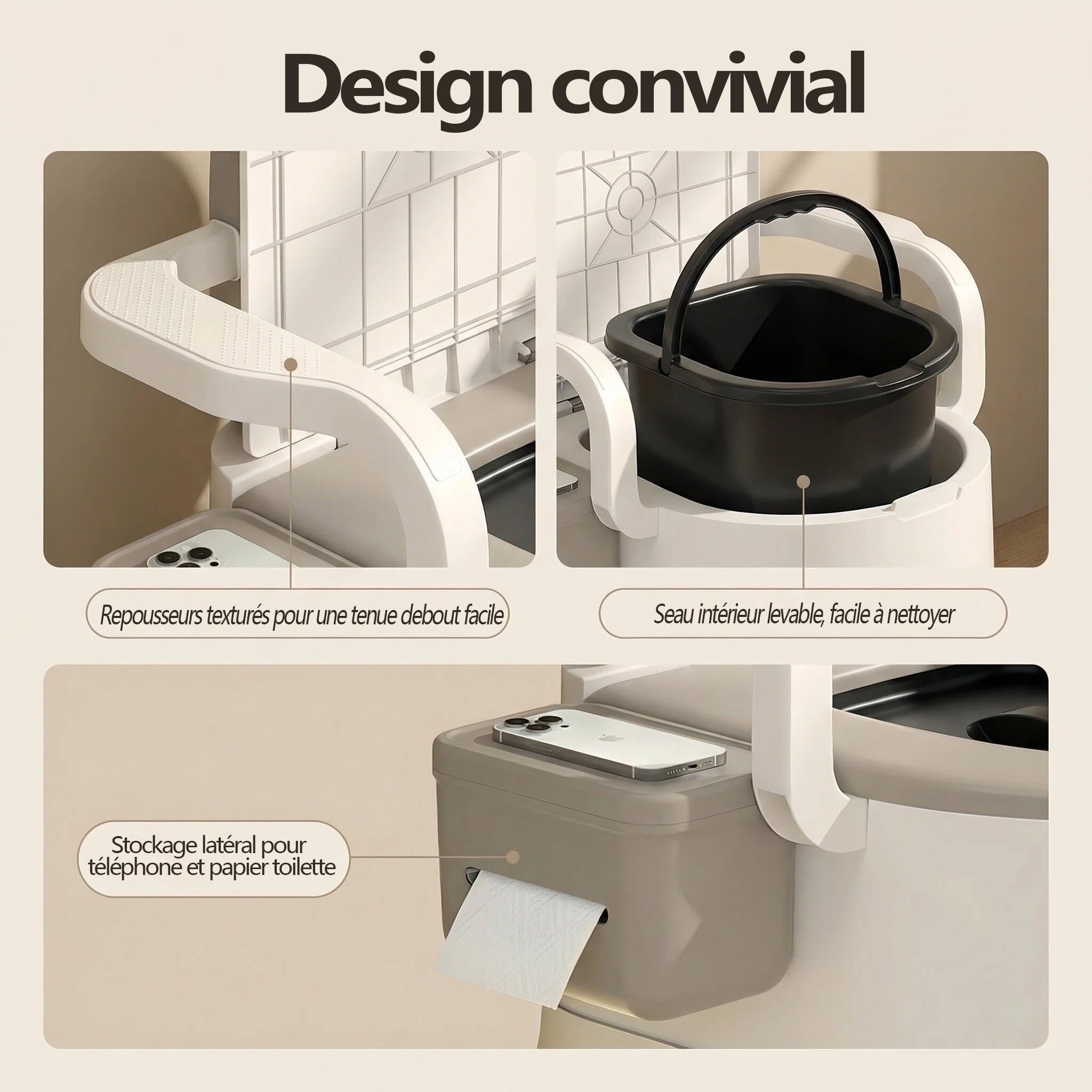 Chaise de Toilettes Portable avec Dossier et accoudoirs, Chaise de Toilettes compacte pour Camping-Car, Plein air, Personnes âgées et Femmes Enceintes, capacité de 150 kg, Facile à Nettoyer – Kaki