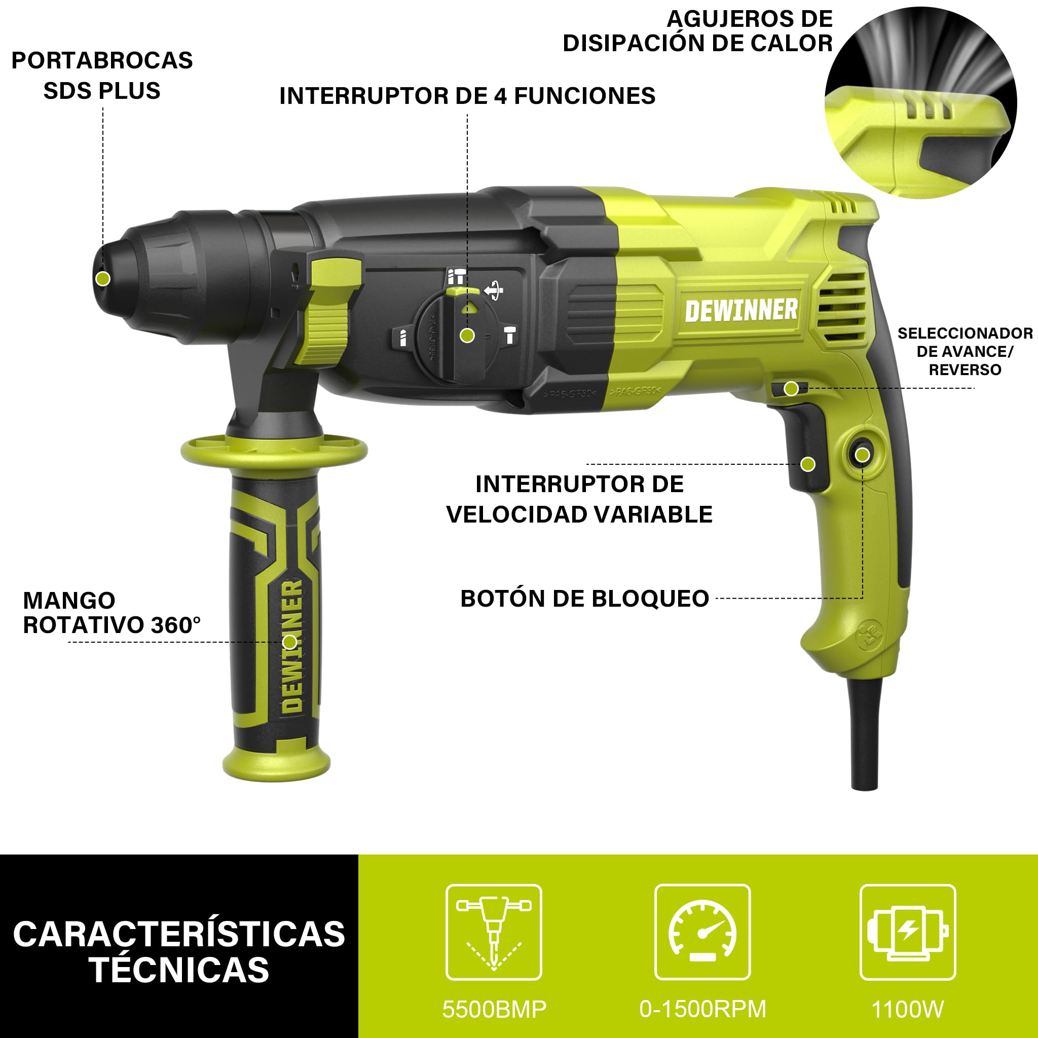 DEWINNER Martillo Perforador 1100 W 3.4 J, 0-1500 RPM/5500 BPM con 4 Funciones y Embrague de Seguridad, 20 Accesorios Sierra Perforadora Hormigón, Velocidad Variable, Hormigón, Acero, Madera