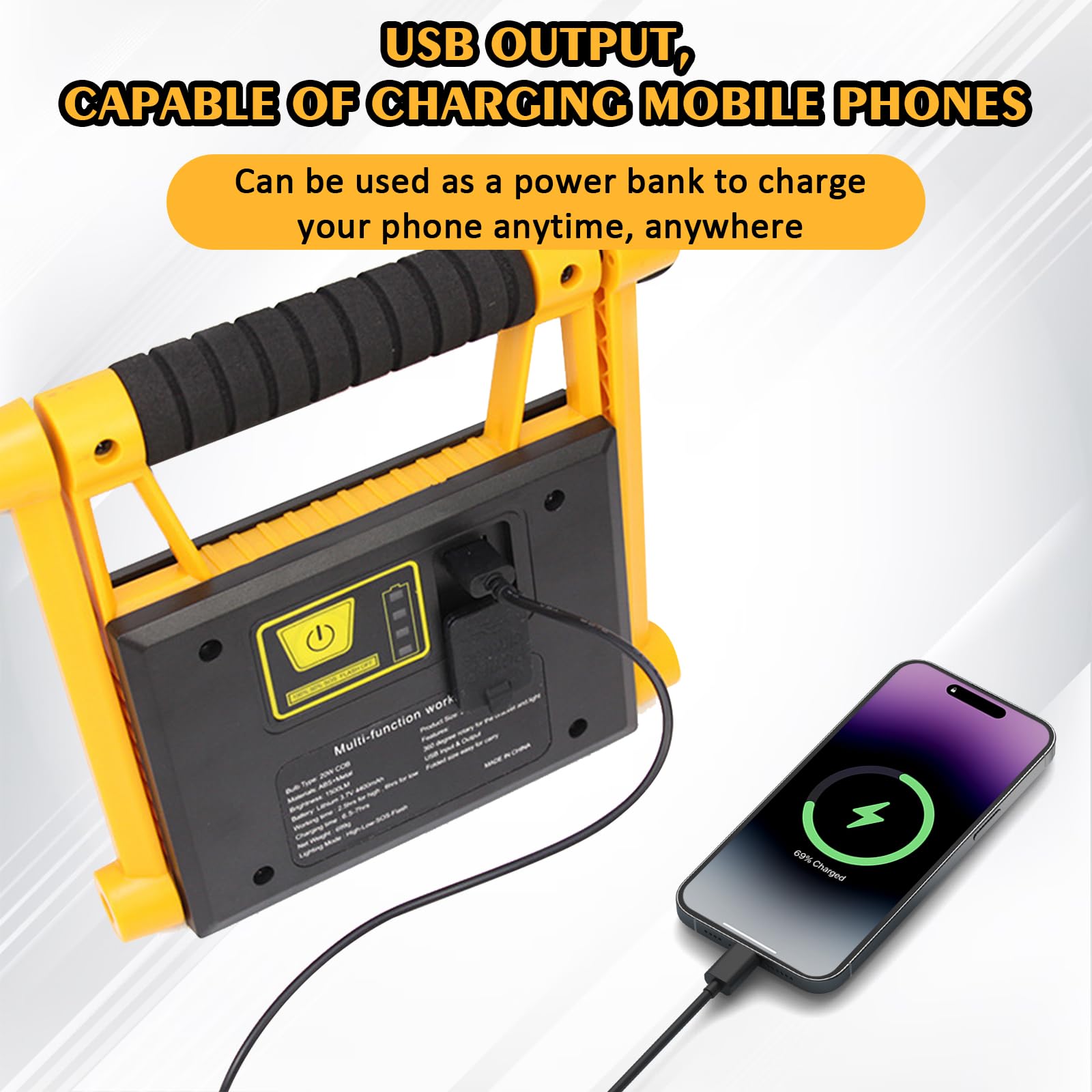 Foco LED de 20 W con batería, 4400 mAh, 1600 lm, lámpara de trabajo portátil, lámpara de camping portátil al aire libre, 4 modos de luz y batería recargable, para camping, garaje, emergencia, obra