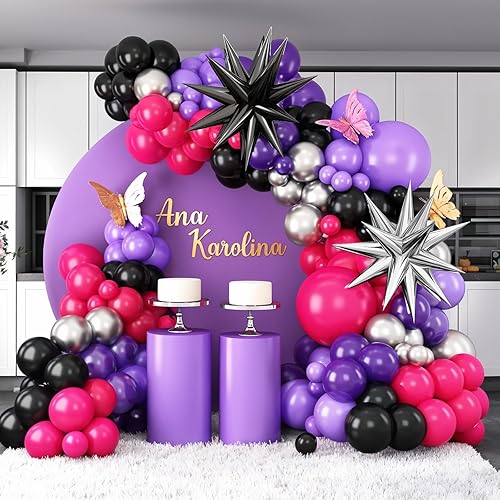 Miniatura 3 de Kit de arco de globos de color rosa intenso y morado, guirnalda de globos morados y negros con globos de papel de aluminio de estrella para bodas,
